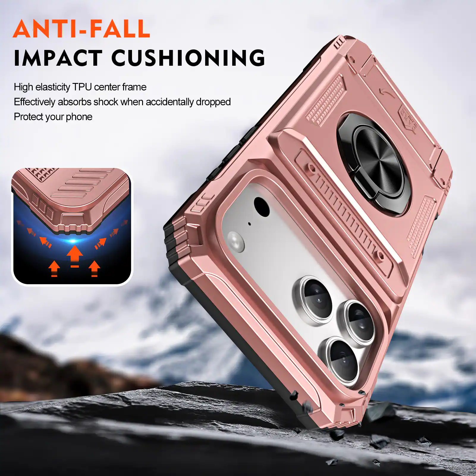 ANTI-FALL IMPACT CUSHIONING

High elasticity TPU center frame
Effectively absorbs shock when accidentally dropped
Protect your phone