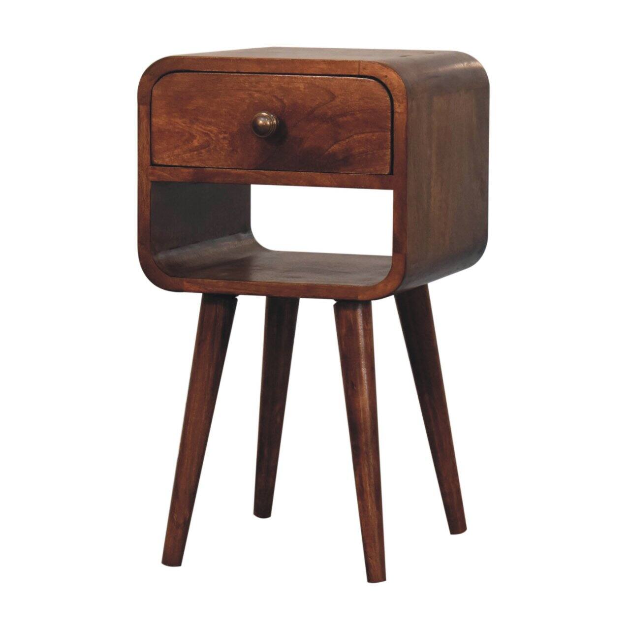 Back. Artisan Furniture - Artisan Furniture Solid Wood Mini Honey Caramel Curved Bedside, 1 Drawer, 1 Open Slot, Nordic Legs, Dark Brown - Caramel.