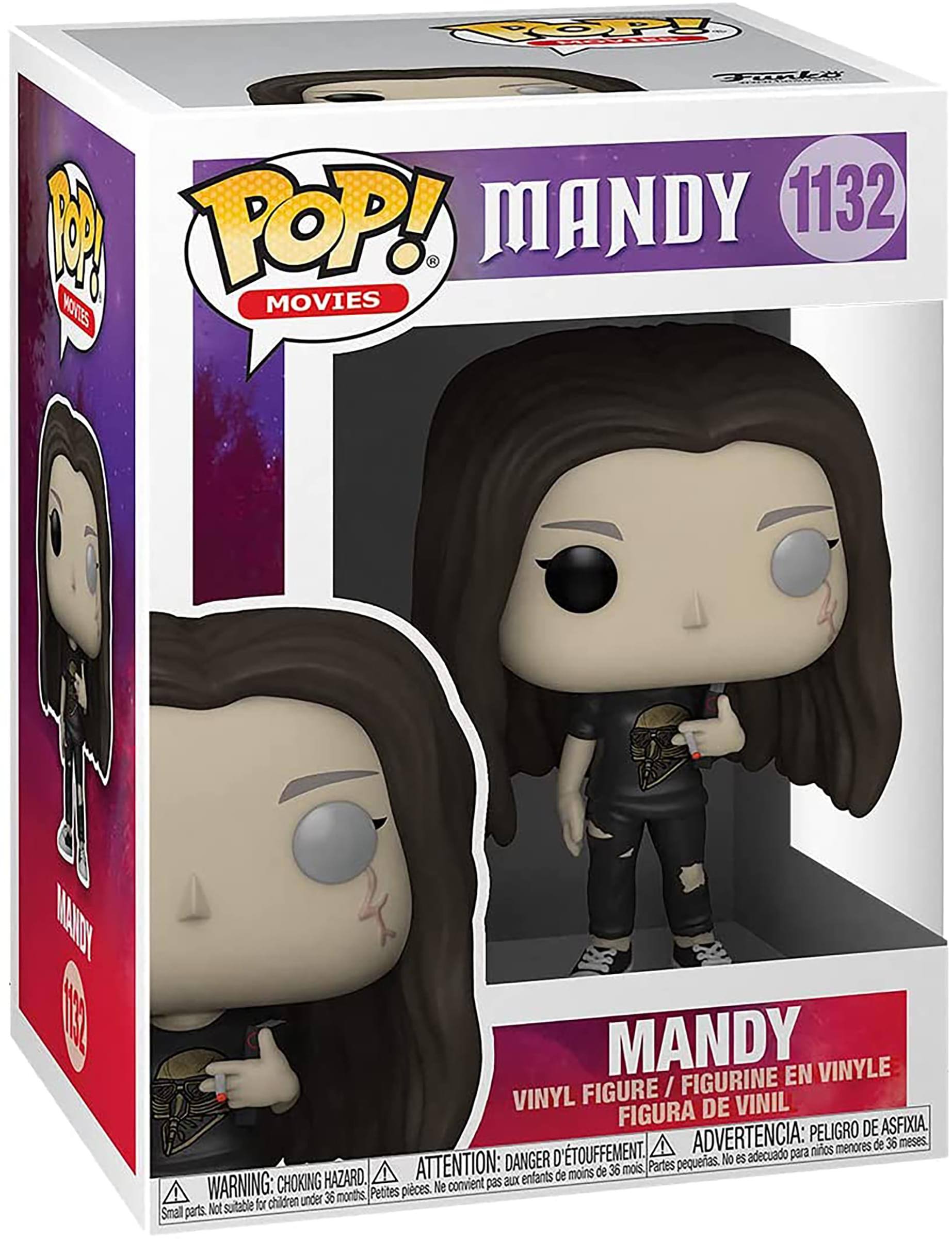 **Front:**
- POP! MOVIES
- MANDY 1132
- VINYL FIGURE / FIGURINE EN VINYLE / FIGURA DE VINIL
- WARNING: CHOKING HAZARD. Small parts. Not suitable for children under 36 months.
- ATTENTION: DANGER D'ÉTOUFFEMENT. Petites pièces. Ne convient pas aux enfants de moins de 36 mois.
- ADVERTENCIA: PELIGRO DE ASFIXIA. Piezas pequeñas. No es adecuado para niños menores de 36 meses.

**Side:**
- POP! MOVIES
- MANDY 1132

**Bottom:**
- WARNING: CHOKING HAZARD. Small parts. Not suitable for children under 36 months.
- ATTENTION: DANGER D'ÉTOUFFEMENT. Petites pièces. Ne convient pas aux enfants de moins de 36 mois.
- ADVERTENCIA: PELIGRO DE ASFIXIA. Piezas pequeñas. No es adecuado para niños menores de 36 meses.