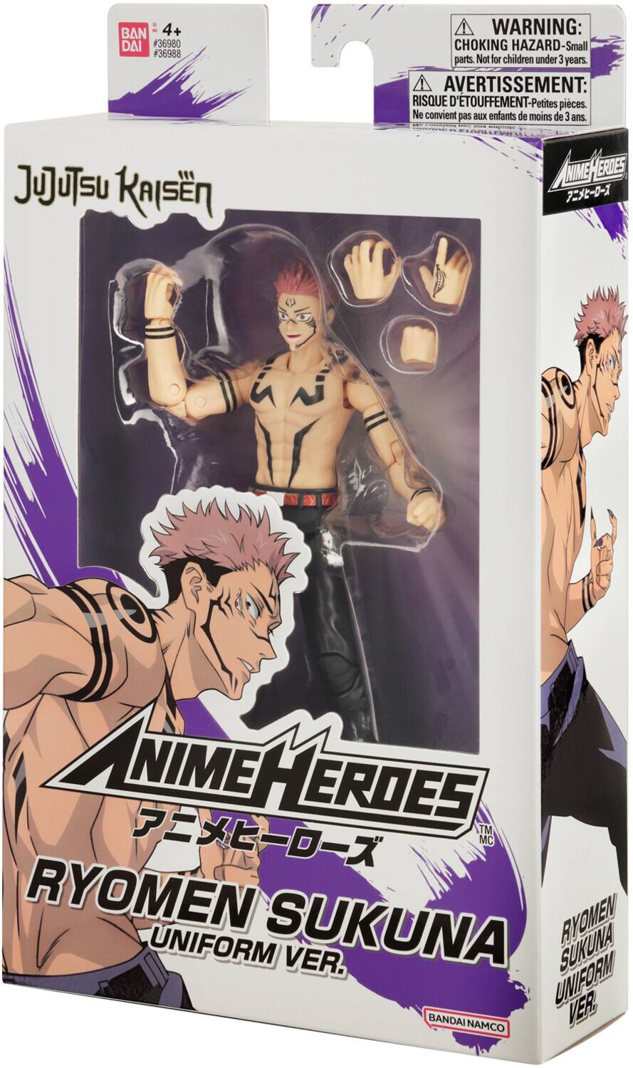 BAN DAI  
#36980 #36988  

JUJITSU KAISEN  

WARNING: CHOKING HAZARD - Small parts. Not for children under 3 years.  
AVERTISSEMENT: RISQUE D'ÉTOUFFEMENT - Petites pièces. Ne convient pas aux enfants de moins de 3 ans.  

ANIME HEROES  
RYOMEN SUKUNA  
UNIFORM VER.  

BANDAI NAMCO