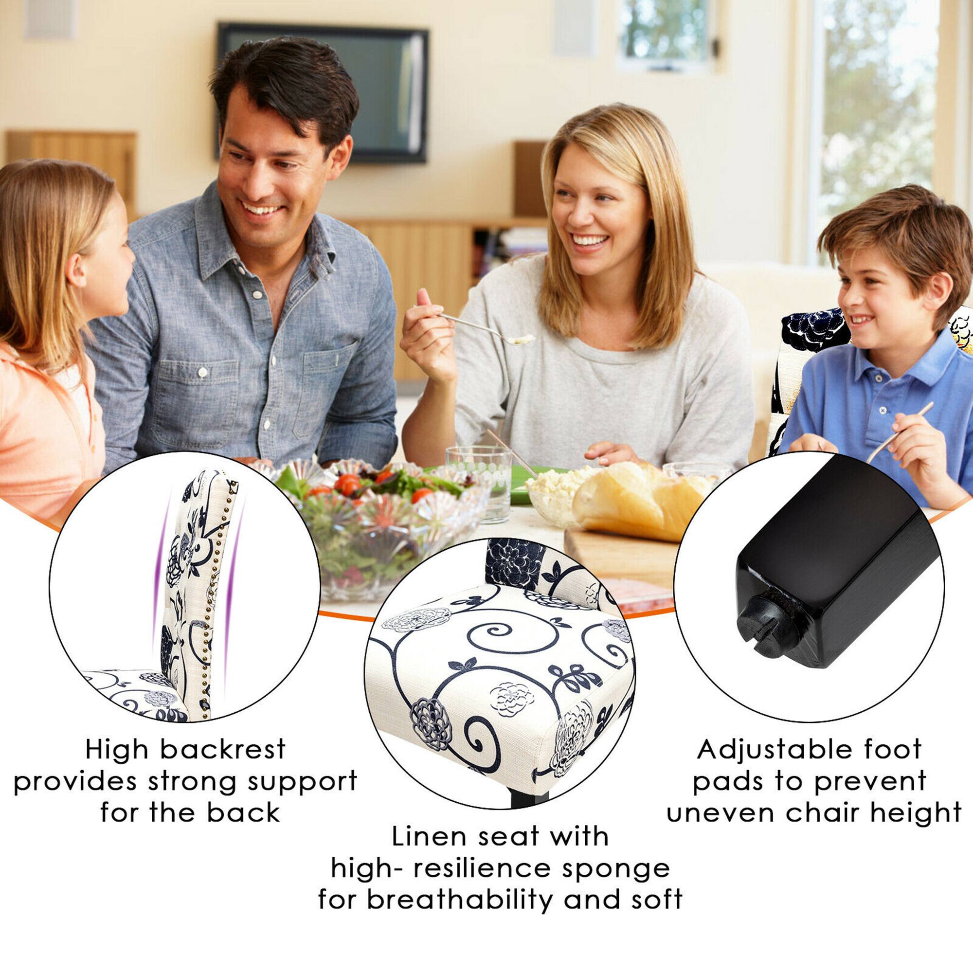 High backrest provides strong support for the back. Adjustable foot provides support pads to prevent uneven chair height. Linen seat with high-resilience sponge for breathability and softness.