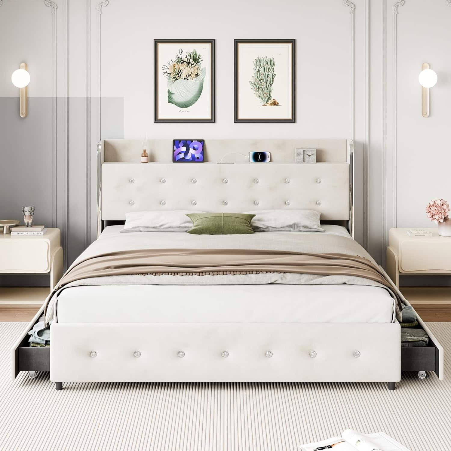GARVEE- King Bed Frame with 4 Storage Drawers, Upholstered, Stylish & Practical Storage Solution- Beige