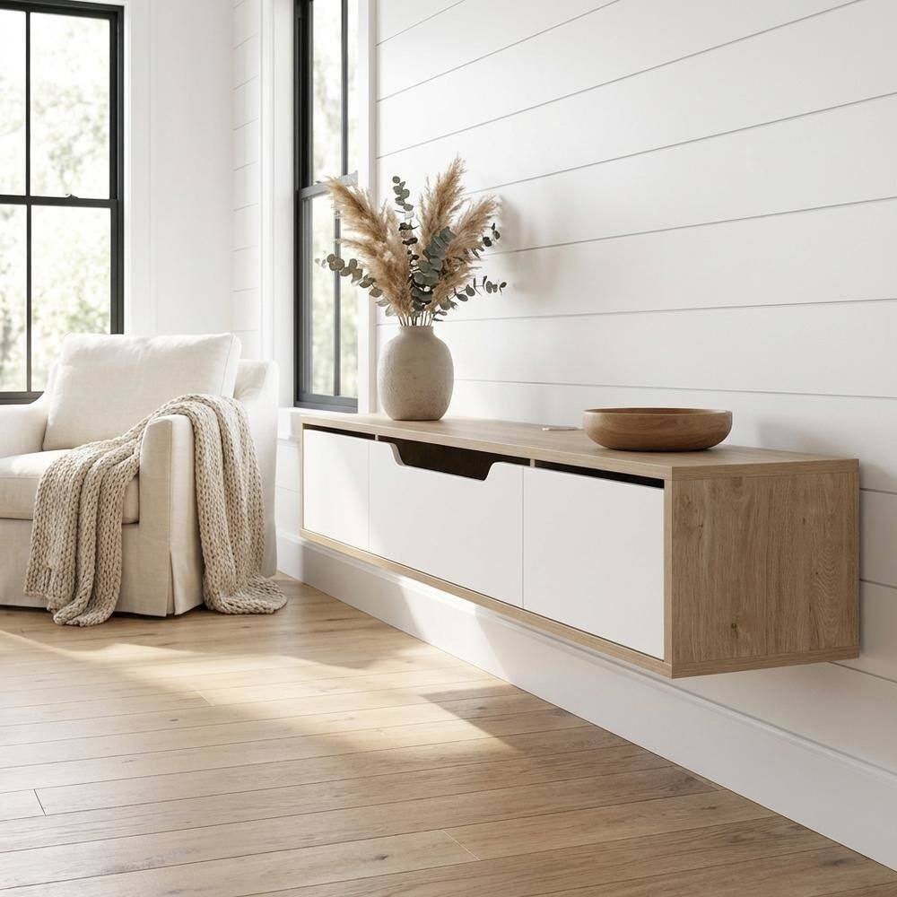 Alt View 1. FurniFact - Beige Wall-Mounted TV Stand, Up to 80 Inch Screens, Engineered Wood Construction - Black.