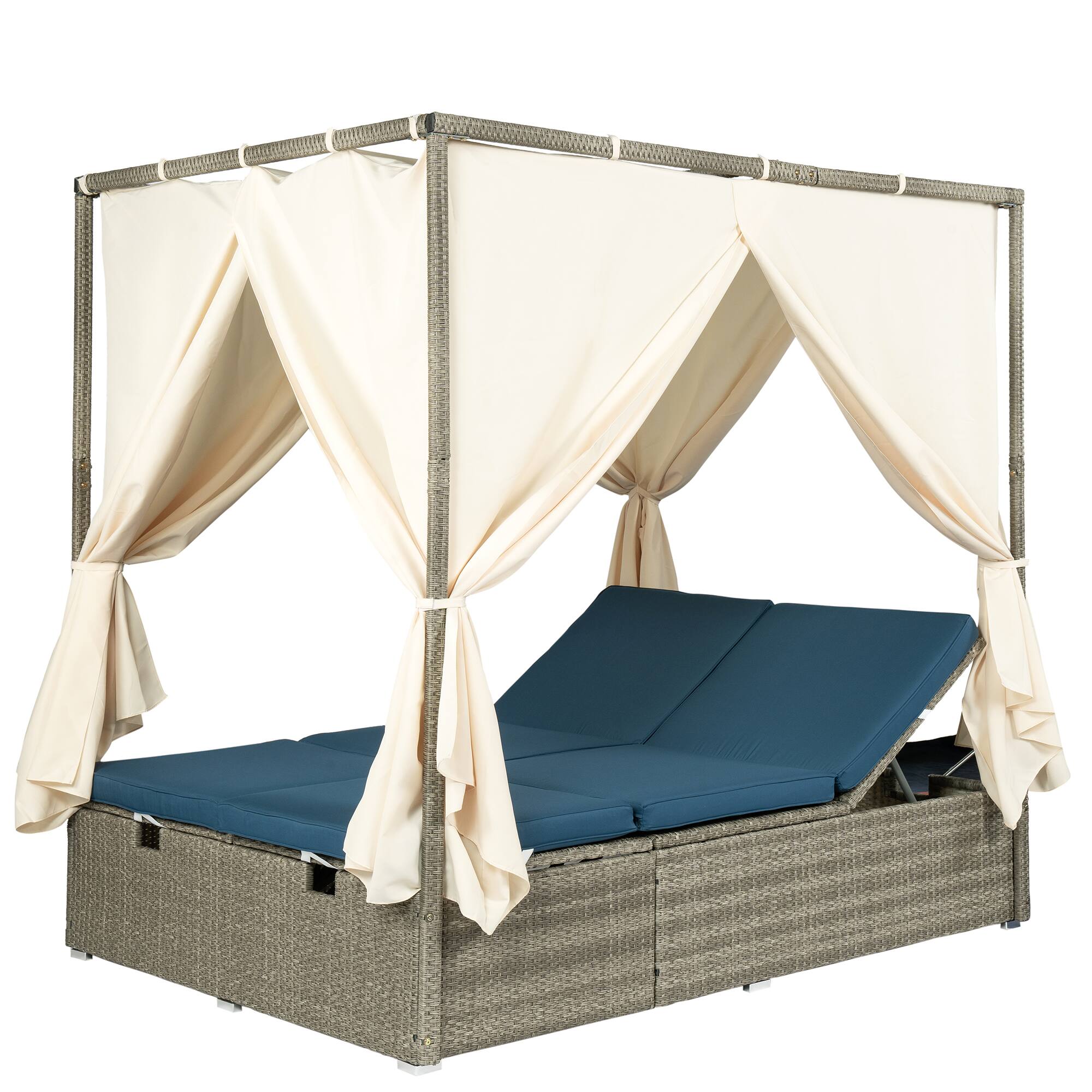 Left. Mondawe - Outdoor Adjustable Sun Lounger with Canopy, Recline and Removable Cushion - Dark Blue.