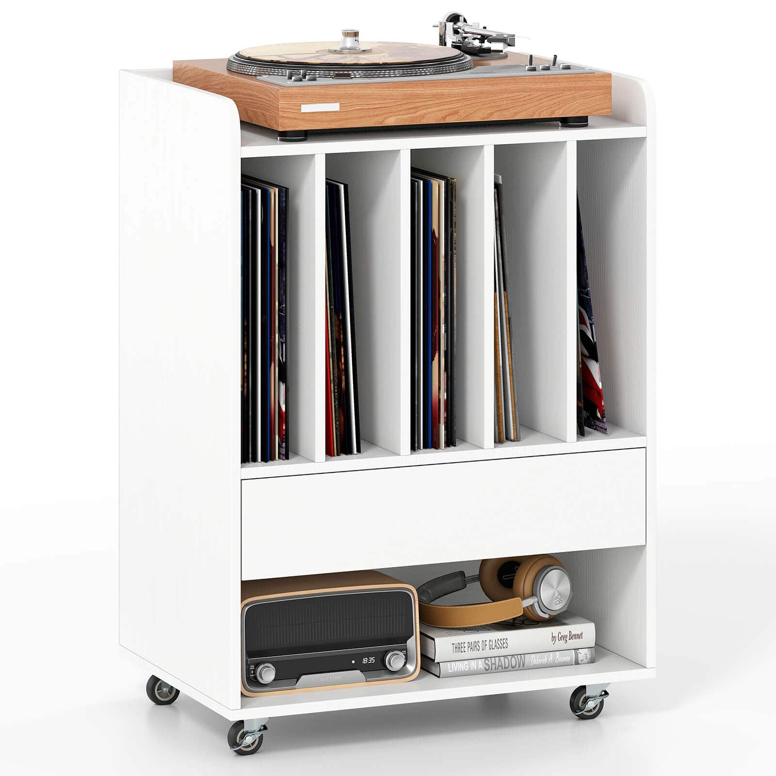 Costway - Record Player Stand with Drawer & Record Holder,Lockable Wheels for Living Room - White
