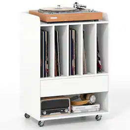 Costway - Record Player Stand with Drawer & Record Holder,Lockable Wheels for Living Room - White