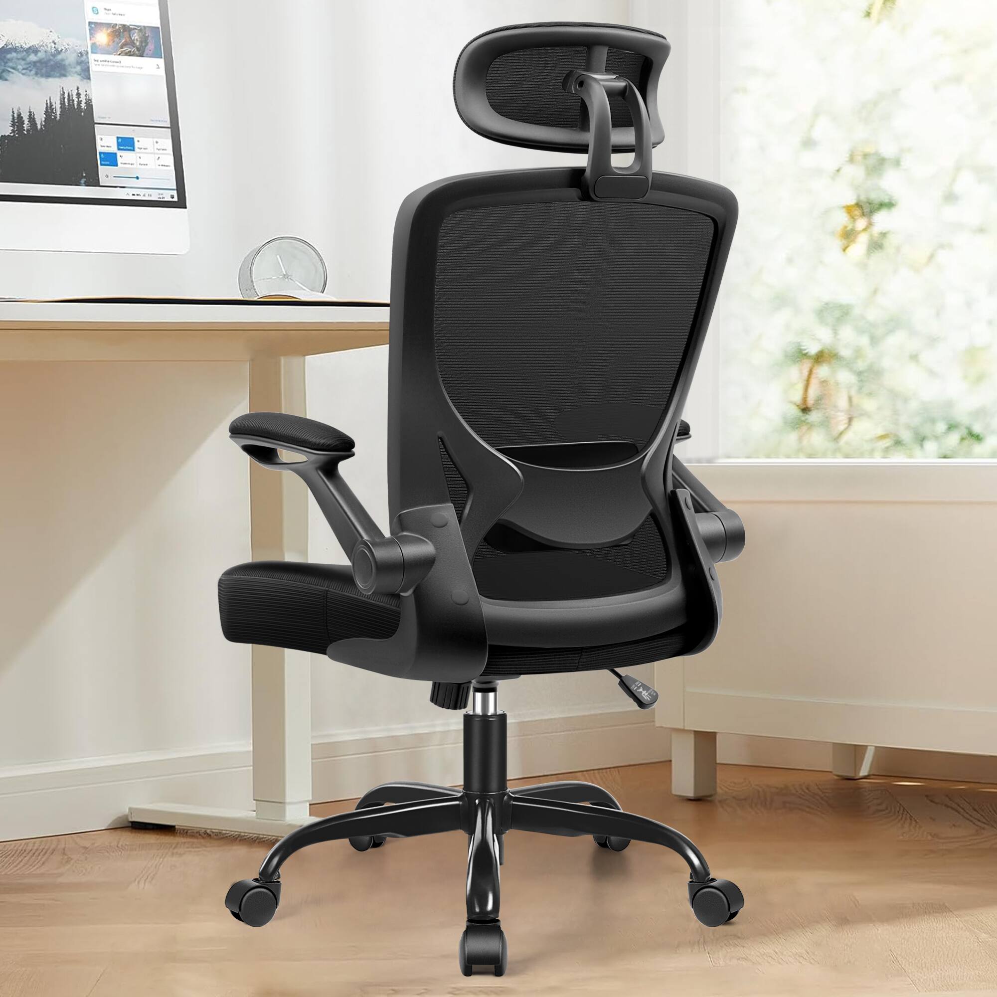 Front. Brick Attic - Ergonomic Office Chair with Headrest and Folding Armrests, Providing Lumbar Support, Swivel, and Height Adjustable. - Black.
