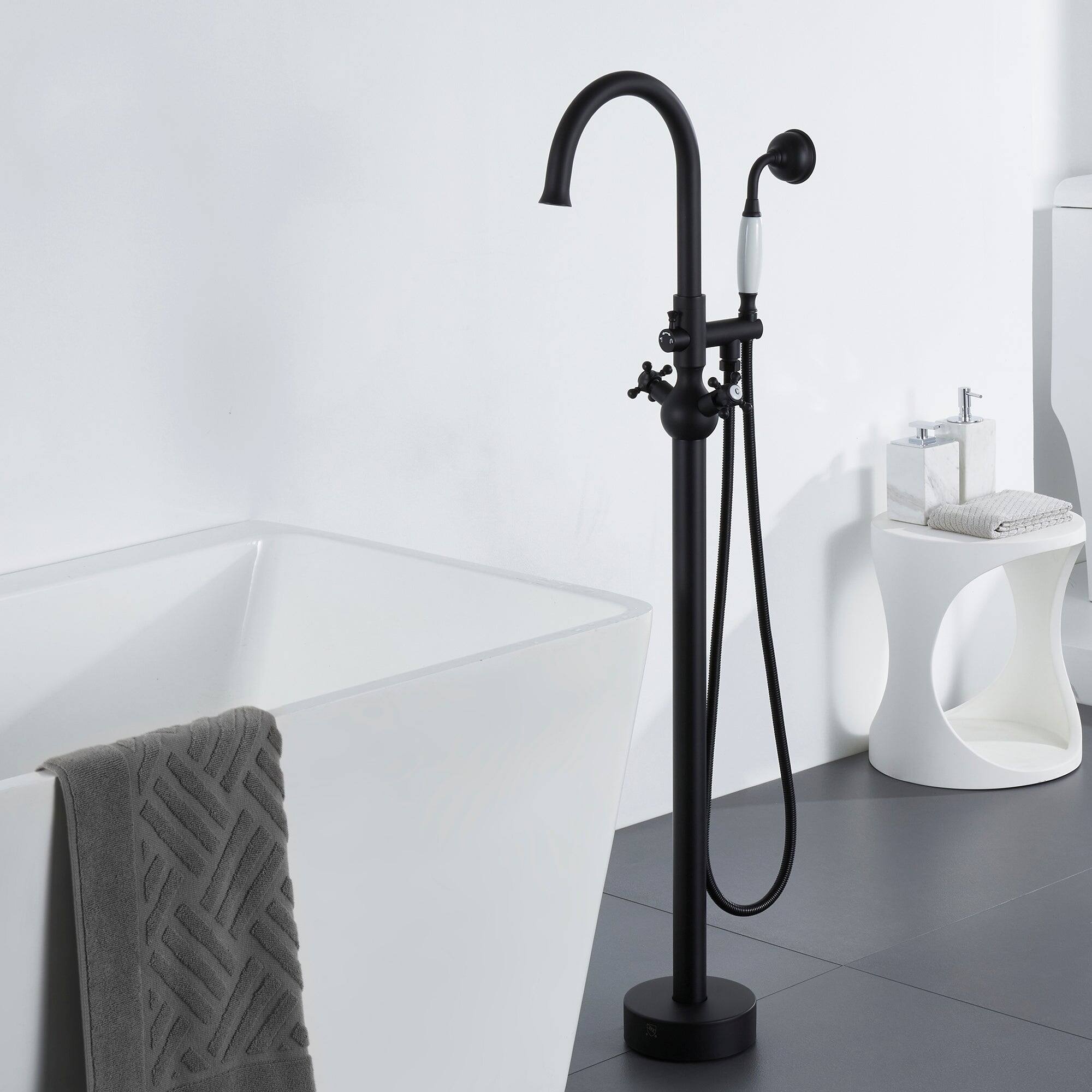 Alt View 2. Boyel Living - Classic Vintage Floor Mount 3-Handle Freestanding Tub Faucet with Hand Shower and Water Supply Hoses in Matte Black - Matte Black.
