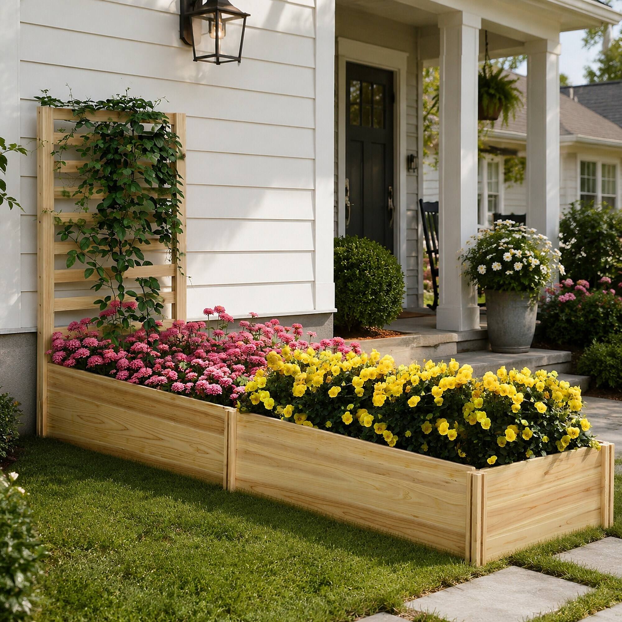 Alt View 1. RYHNUYNE - Wooden Raised Garden Bed with Trellis, 43 Inch Fir Wood Planter Box, 2 Compartments for Climbing Plants - Natural.