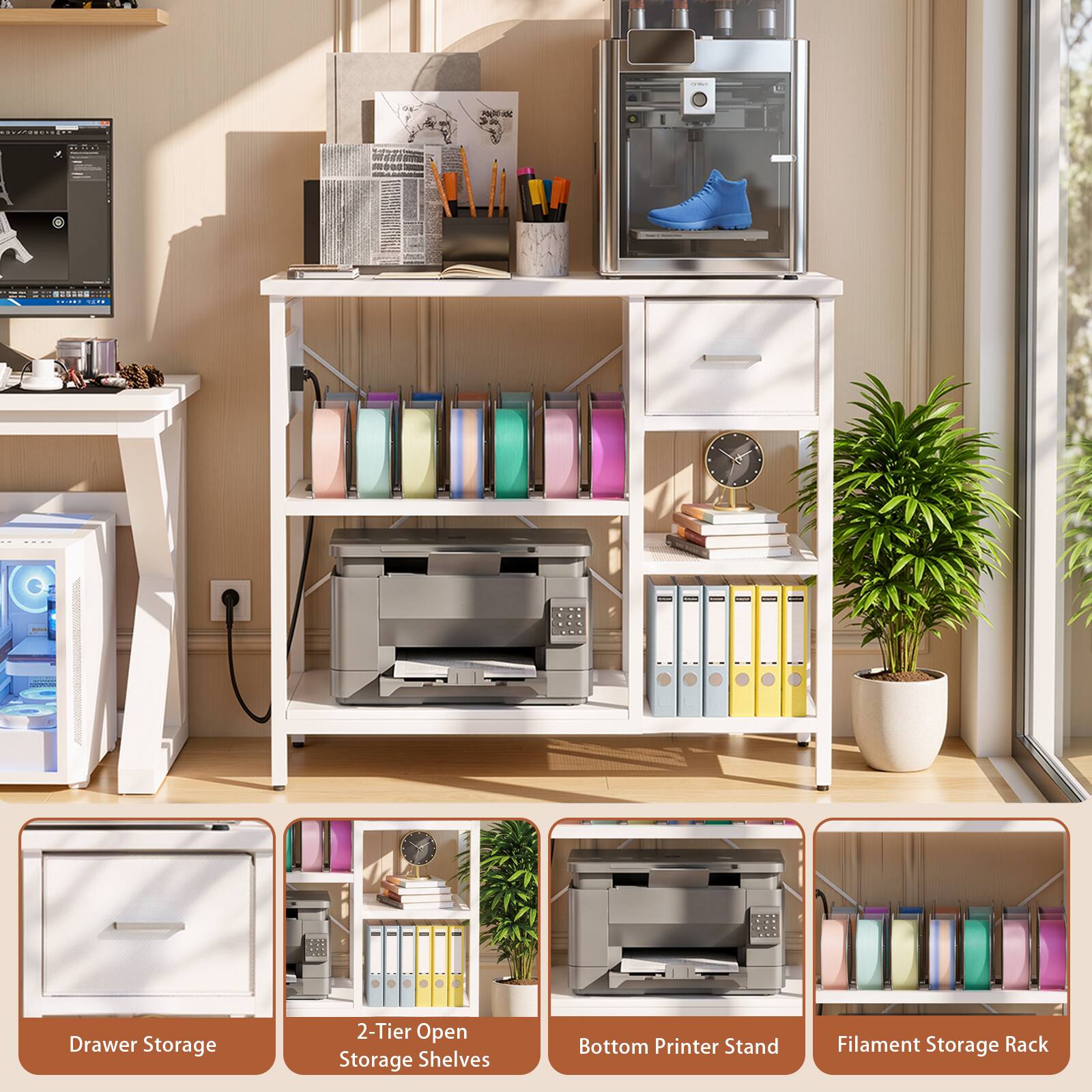 Drawer Storage 2-Tier Open Storage Shelves Bottom Printer Stand Filament Storage Rack