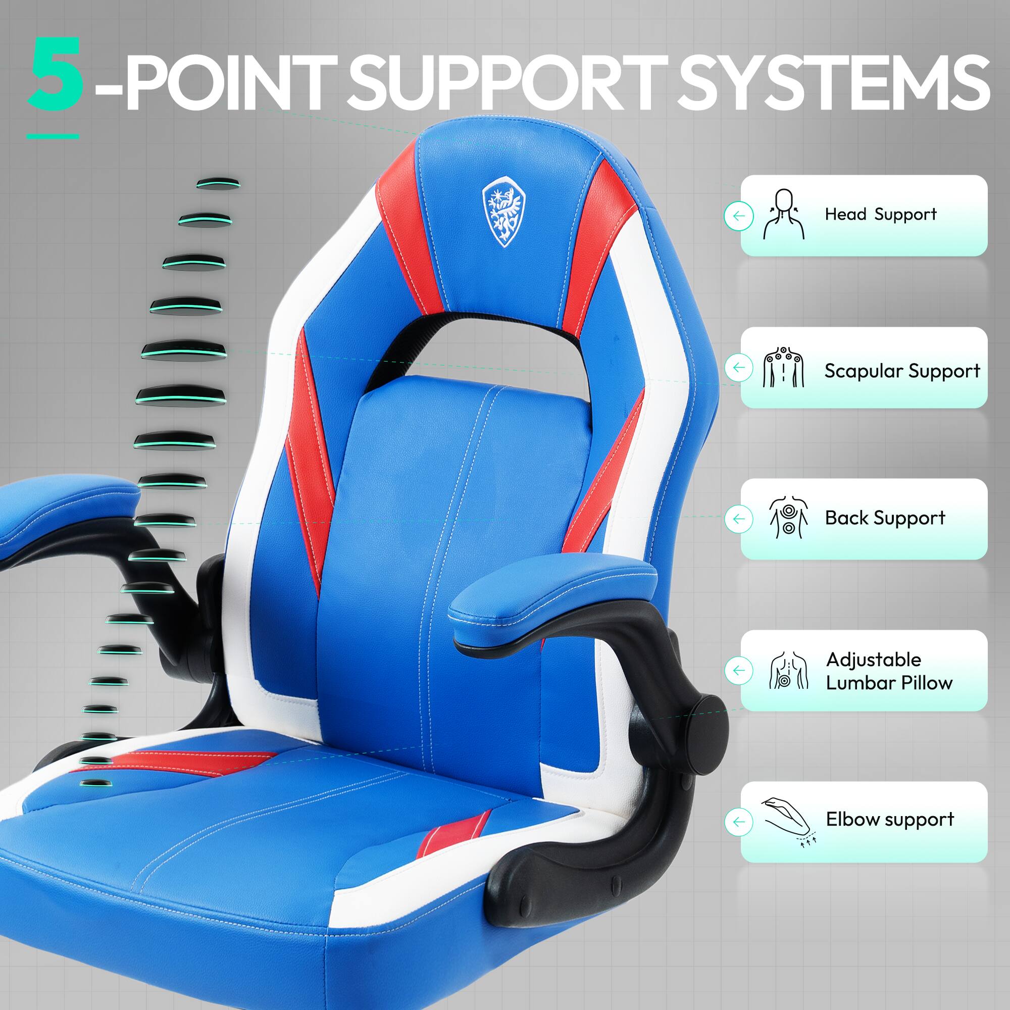5-POINT SUPPORT SYSTEMS

- Head Support
- Scapular Support
- Back Support
- Adjustable Lumbar Pillow
- Elbow Support