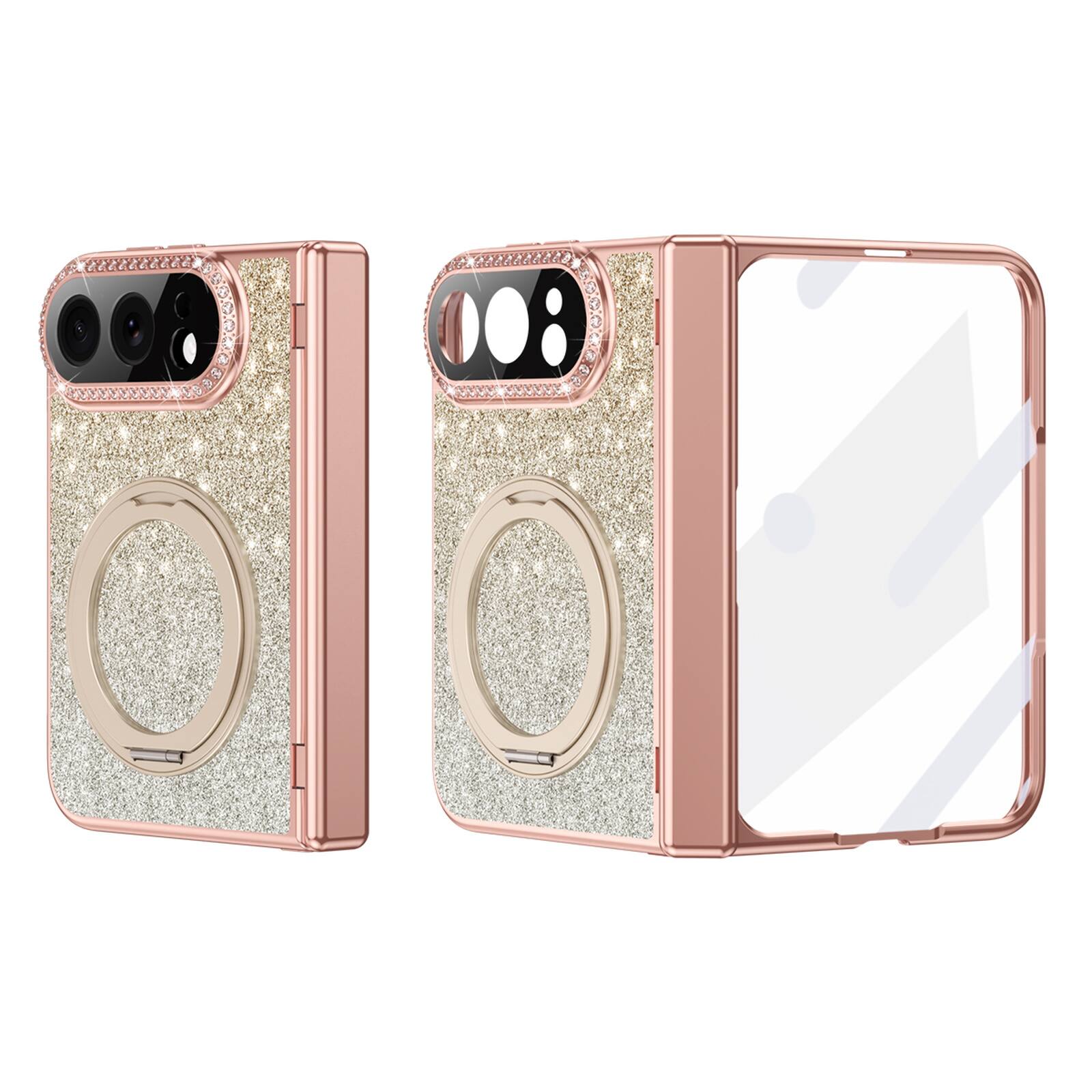 Front. Dteck - For iPhone Duo Bling Glitter Magnetic Case Built-in Screen Protector, Rugged Metal Ring Kickstand Cover With Hinge - Gold.