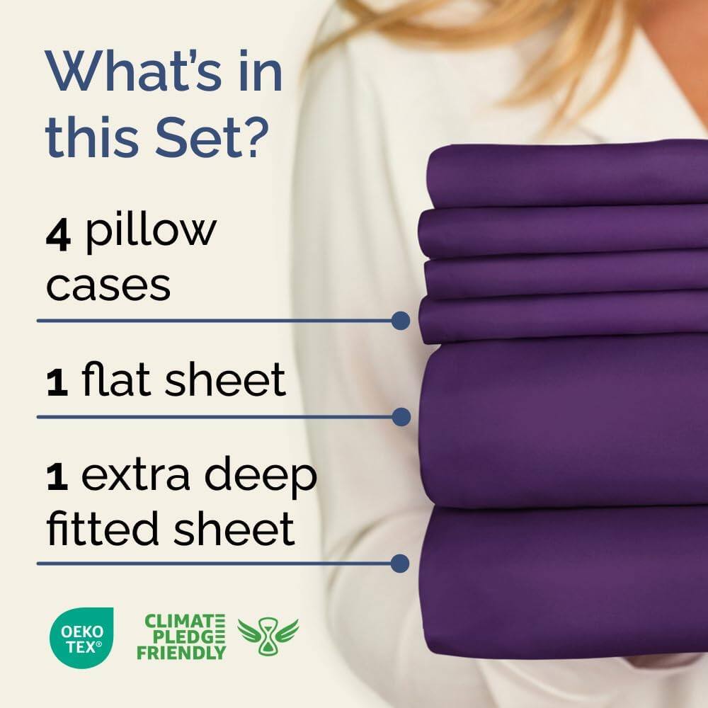 What's in this Set?

- 4 pillow cases
- 1 flat sheet
- 1 extra deep fitted sheet

CLIMATE PLEDGE FRIENDLY

OEKO TEX