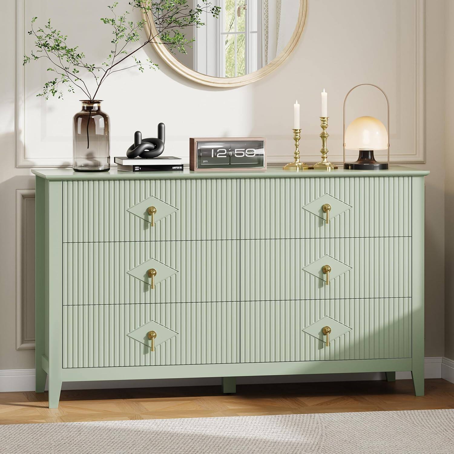 GARVEE - Fluted Dresser 54" Wide, 6-Drawer Modern Wood Chest for Bedroom, Large Storage Organizer Cabinet for Living Room - Green