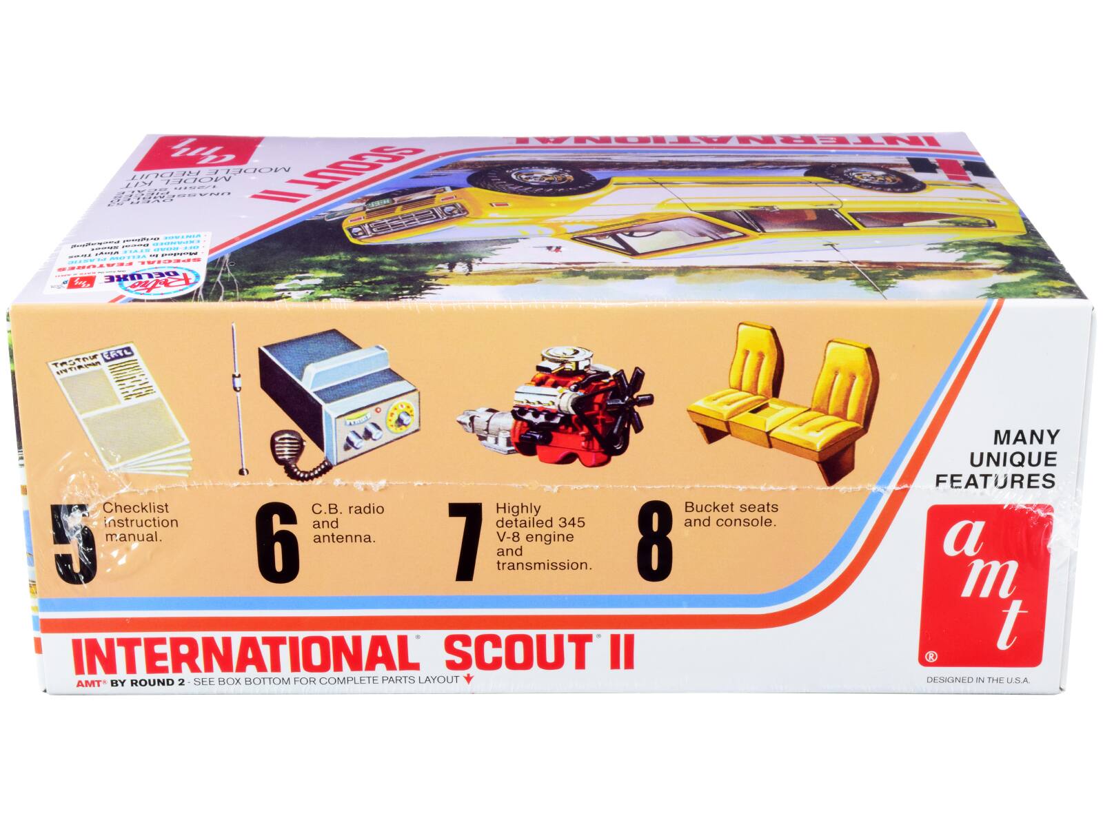INTERNATIONAL SCOUT II AMT BY ROUND 2 SEE BOX BOTTOM FOR COMPLETE PARTS LAYOUT MANY UNIQUE FEATURES

1. Checklist instruction manual.
2. C.B. radio and antenna.
3. Highly detailed 345 V-8 engine and transmission.
4. Bucket seats and console.

DESIGNED IN THE U.S.A