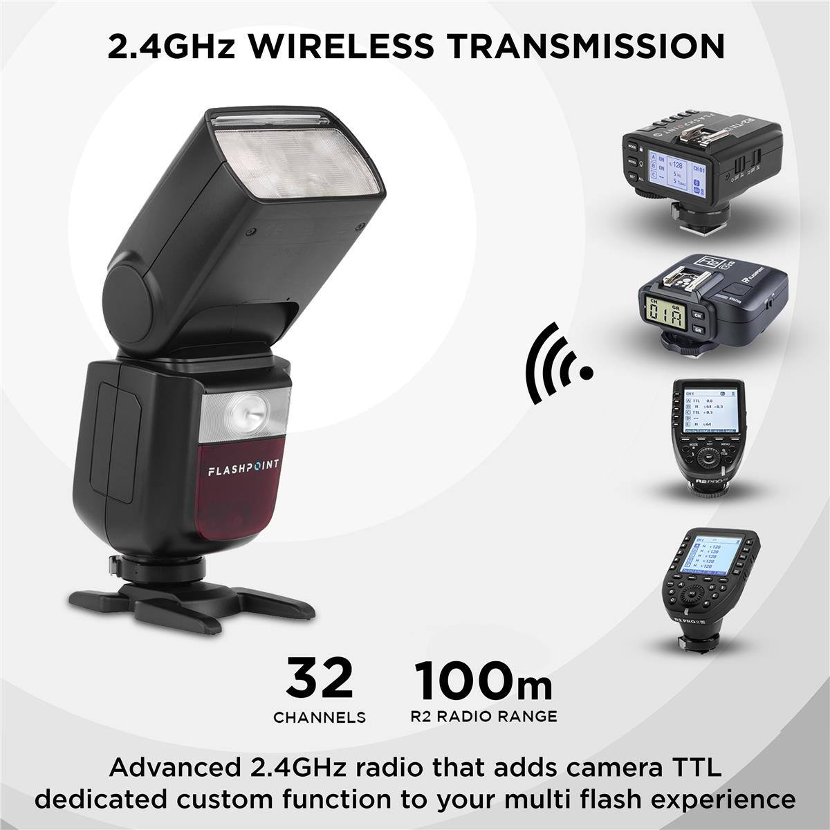 2.4GHz WIRELESS TRANSMISSION

32 CHANNELS

100m R2 RADIO RANGE

Advanced 2.4GHz radio that adds camera TTL dedicated custom function to your multi flash experience