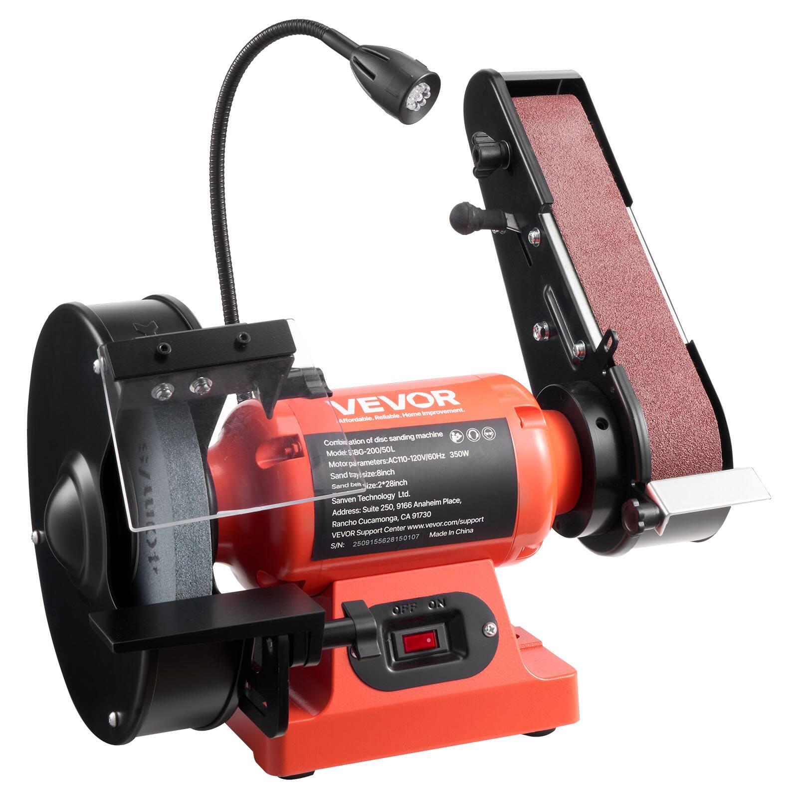 VEVOR Affordable. Reliable. Home Improvement. of disc sanding machine Combination Mode: 8G-200/50L 350W Motor Parameters: AC110-120V, 60Hz Sand tray/size: 8 inch Sand belt size: 2*28 inch Technology Ltd. Sanven Anaheim Place, Suite 250, 91666 Address: CA 91730 Rancho Cucamonga, www.vevor.com/support Support Center in China VEVOR 50107 Made in China S/N: 2509 556281