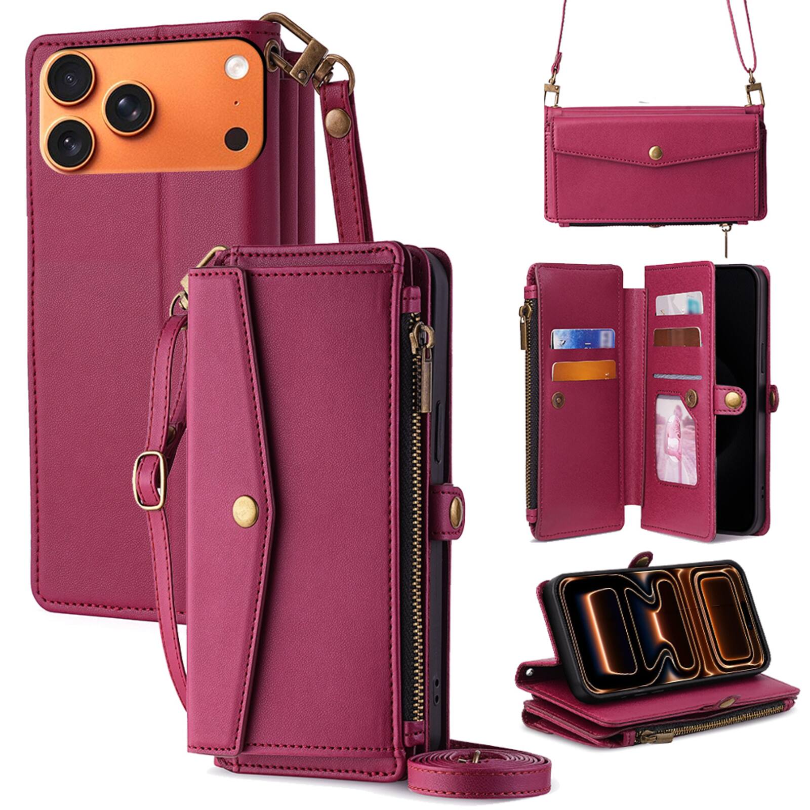 UUCOVER - For Apple iPhone 17 Pro Max PU Leather Wallet Case Stand Cover, Card Slots Cash Holder Zipper Pocket with Shoulder Strap - Red price history on PriceWatchPro
