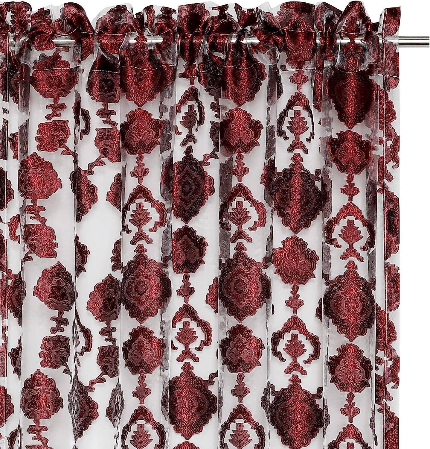 Angle. Kate Aurora - Moroccan Accents by Kate Aurora 1 Piece Rod Pocket Clipped Elegant Sheer Curtain Panel - Burgundy - Burgundy.