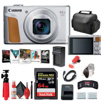 Canon ZOOM LENS CANON 40x IS 40x OPTICAL ZOOM 4.3-172.0mm 1:3.3-6.9 SX740 HS
- Canon SX740 HS
- 40x Optical Zoom
- 20.3 Megapixels
Accessories:
- Canon Battery Charger
- Canon Battery
- SanDisk Extreme PRO 64 GB 170 MB/s V30
- SanDisk Ultra SD Card
- Canon CE
- ULTIMA SAVE
- DS CLEAN
- B3
Software:
- PhotoMir
- VideoStudio
- Painter 7 Essentials
- PaintShop Pro
- AfterShot Pro 3
Other Items:
- Camera Bag
- Tripod
- Screen Cleaner
- USB Cable
- Lens Cap
- Cleaning Kit
