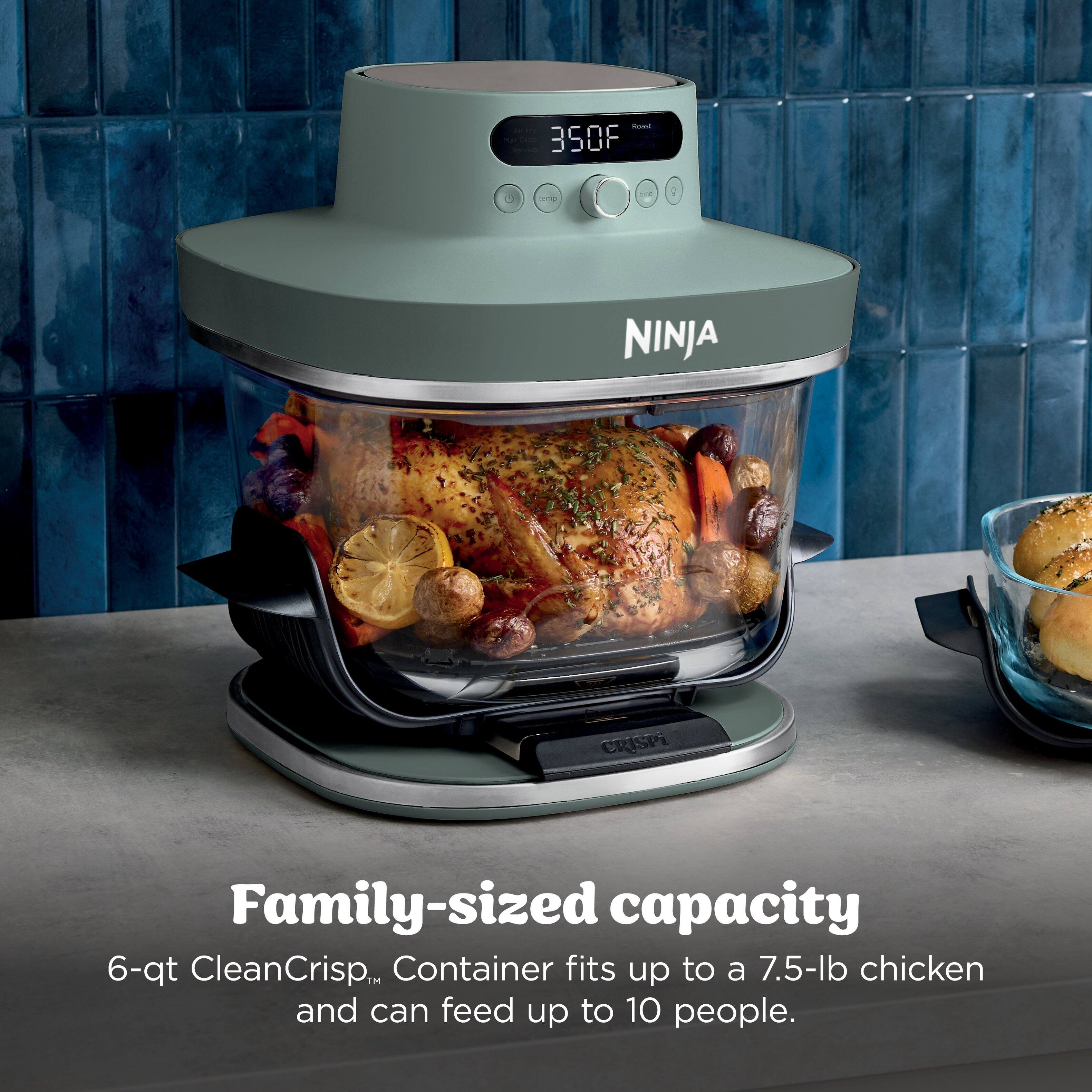 - 350F - I NINJA CRISPI Family-sized capacity 6-qt CleanCrisp. Container fits up to a 7.5-lb chicken and can feed up to 10 people.