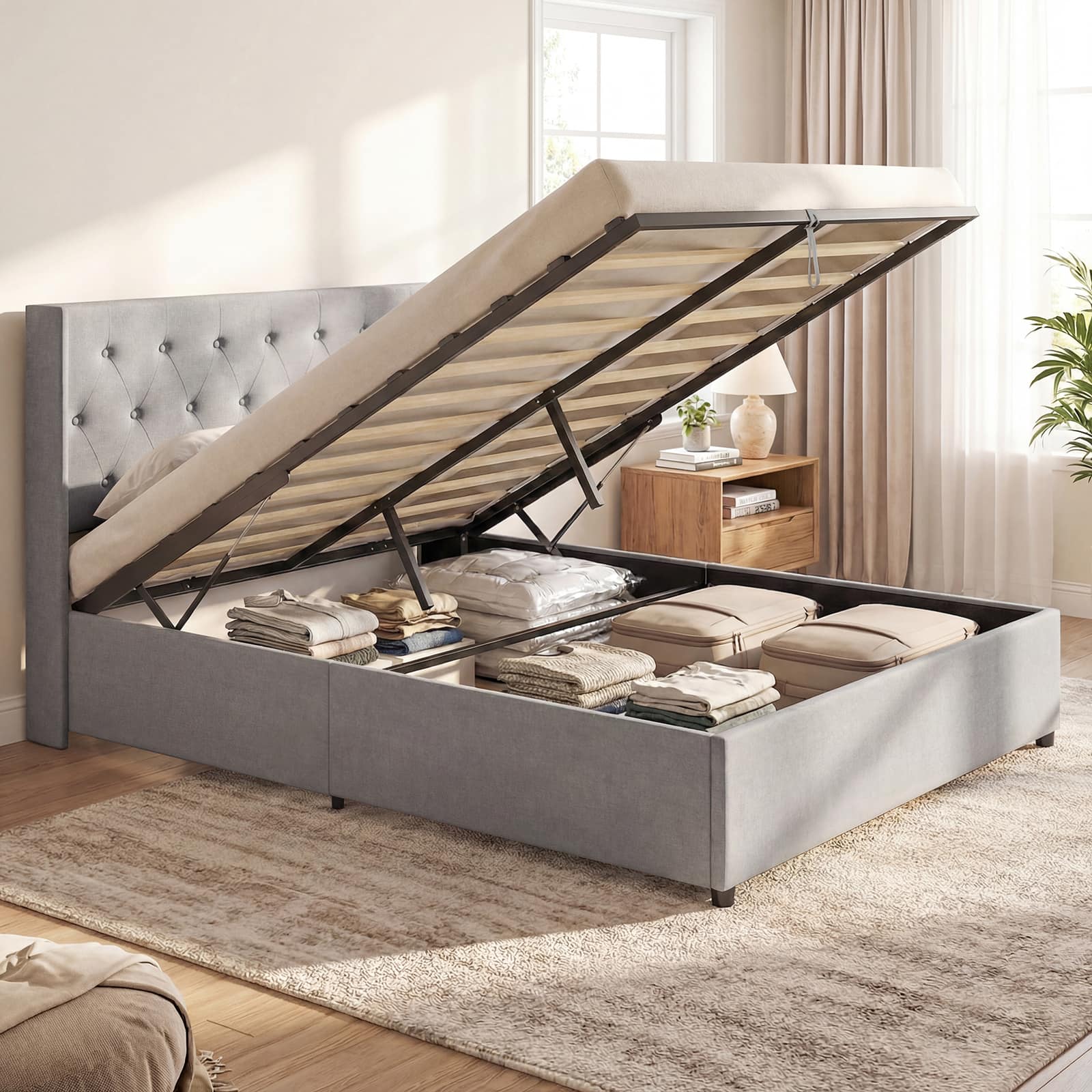 Gymax - Queen Size Lift-up Storage Bed w/Tufted Wingback Headboard Hydraulic Lifts Grey - Gray