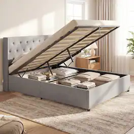 Gymax - Queen Size Lift-up Storage Bed w/Tufted Wingback Headboard Hydraulic Lifts Grey - Gray