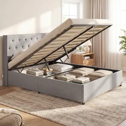 Front. Gymax - Gymax Queen Size Lift-up Storage Bed w/Tufted Wingback Headboard Hydraulic Lifts Grey - Gray.