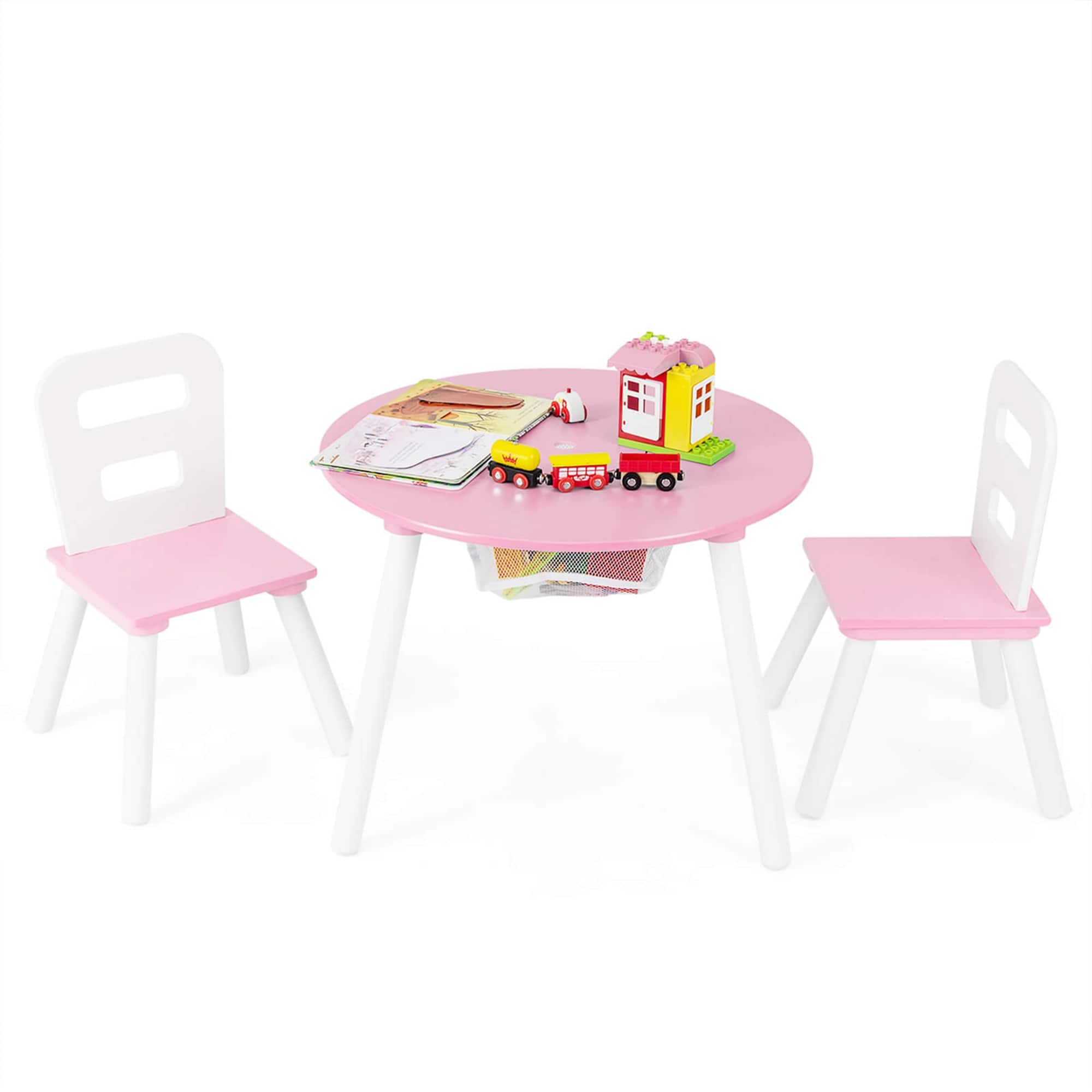 Costway - Kids Wooden Round Table & 2 Chair Set w/ Center Mesh Storage - Pink