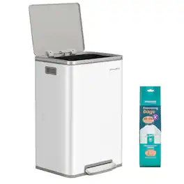 Songmics Home - Trash Can, 13-Gallon Gabbage Can, with 15 Trash Bags, Steel, with Soft-Close Lid, Removable Inner Bucket, Handles - Cloud White
