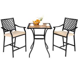 Costway - 3 PCS Patio Bar Stool Square Table Bistro Set Cushioned Chairs Armrest - Black+Beige+Natural