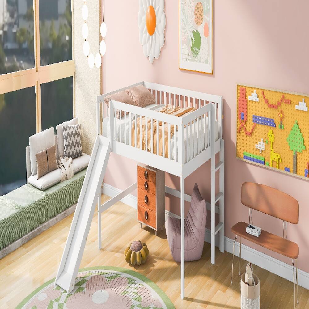 Alt View 1. Loheer - Loheer Full Size Low Loft Bed with Slide and Ladder White - White.