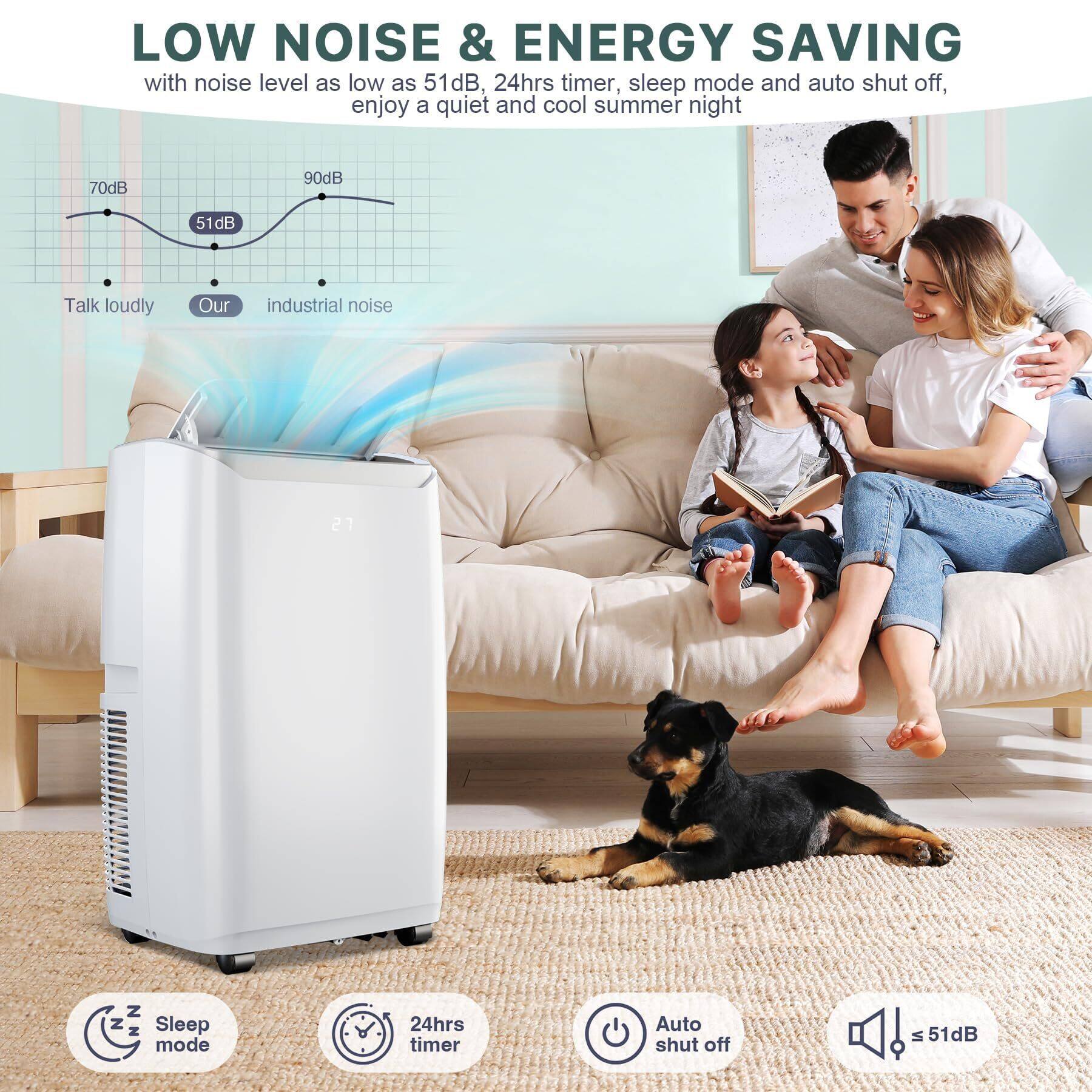 LOW NOISE & ENERGY SAVING  
with noise level as low as 51dB, 24hrs timer, sleep mode and auto shut off, enjoy a quiet and cool summer night  

- Talk loudly: 70dB  
- Our: 51dB  
- Industrial noise: 90dB  

Sleep mode  
24hrs timer  
Auto shut off  
≤ 51dB