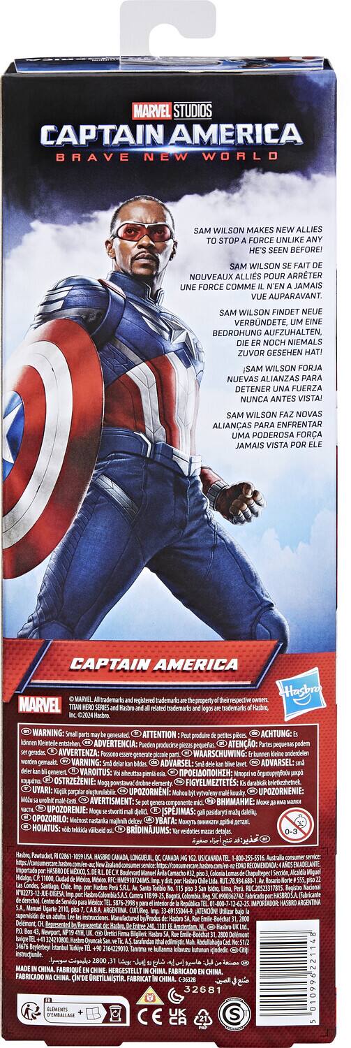 MARVEL STUDIOS CAPTAIN AMERICA BRAVE NEW WORLD SAM WILSON MAKES NEW ALLIES TO STOP A FORCE UNLIKE ANY HE'S SEEN BEFORE! SAM WILSON FAIT NOUVEAUX ALLIES POUR ARRETER UNE FORCE COMME IL N'EN A JAMAIS VU AUPARAVANT. SAM WILSON FINDET NEUE VERBÜNDETE, UNE BEDROHUNG AUFZUHALTEN, ZU VOR GESCHEN HAT! SAM WILSON FORJA NUEVAS ALIANZAS PARA DETENER UNA FUERZA NUNCA ANTES VISTA! SAM WILSON FAZ NOVAS ALIANÇAS PARA ENFRENTAR UMA PODEROSA FORÇA JAMAIS VISTA POR ELE CAPTAIN AMERICA MARVEL trademark registered trademarks property respective MARVEL trademarks trademarks Hasbro, WARNING: Small parts may be generated ATTENTION: Peut produire de petites pièces; ACHTUNG: Kleinste Teile enttstehen ADVERTENCIA: Pueden producirse pequeñas piezas; ATENÇÃO: pequenas peças podem gerar-se