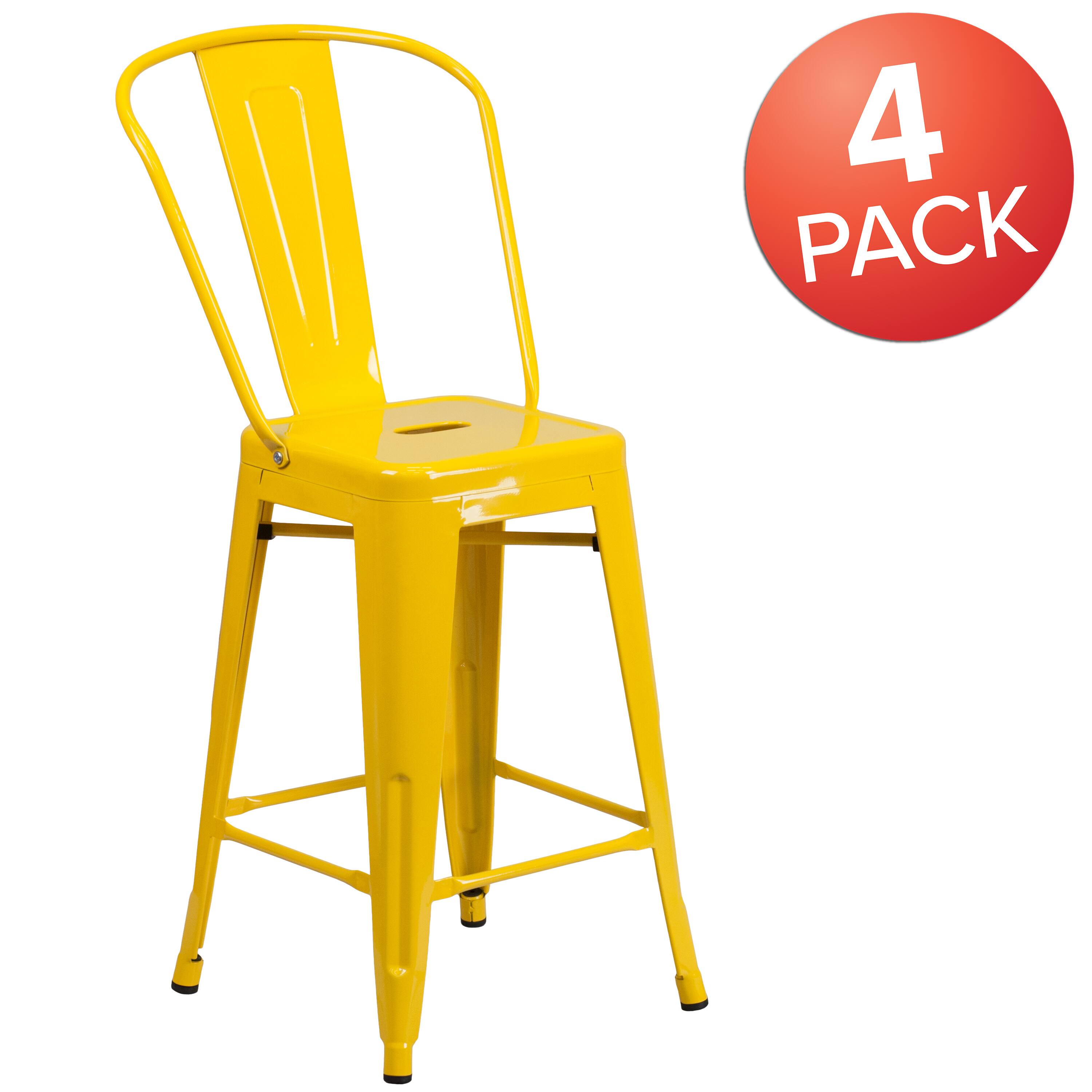 Alt View 1. Emma + Oliver - Commercial Grade 4 Pack 24" High Metal Indoor-Outdoor Counter Height Stool with Back - Yellow.