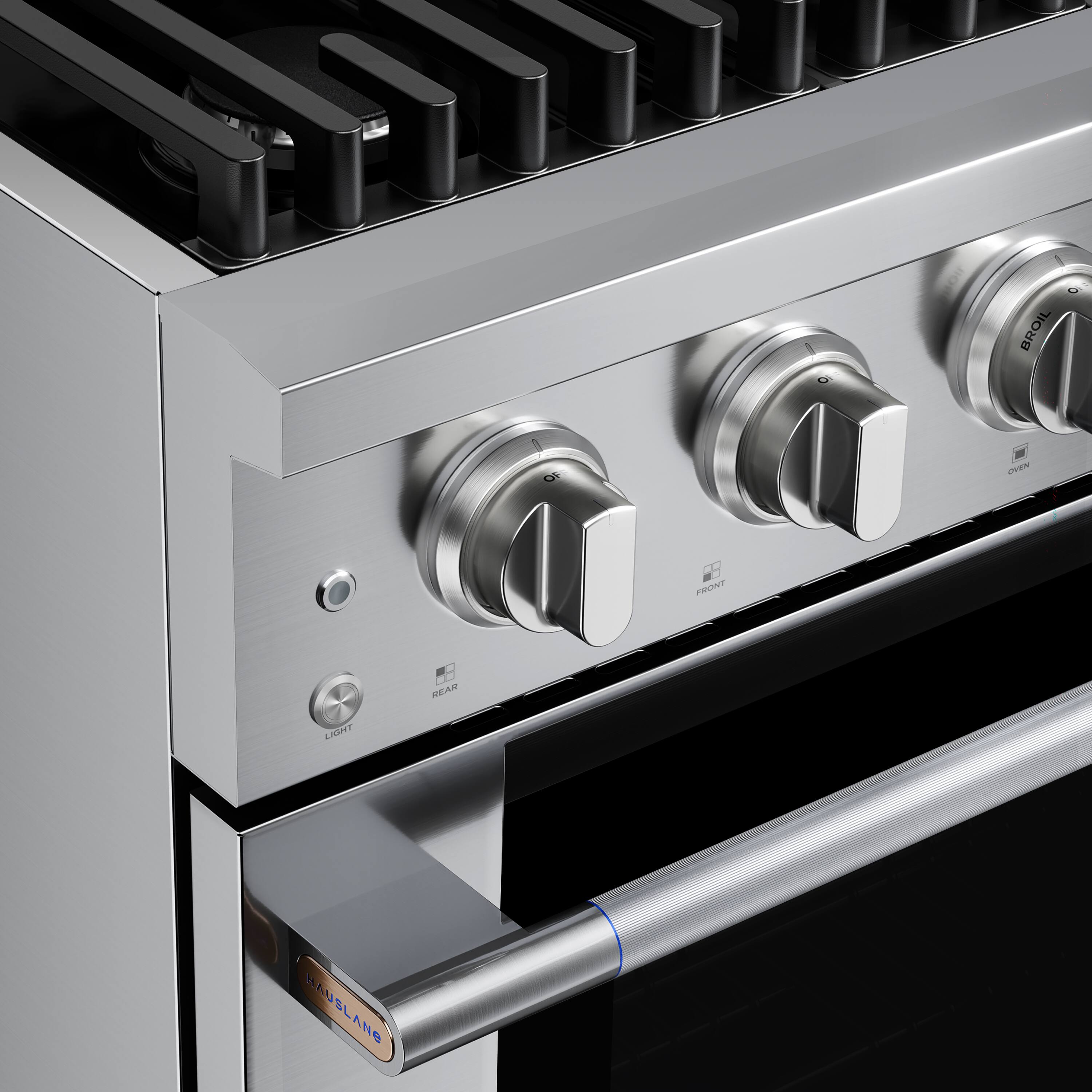 The text on the image reads:

- "BROIL"
- "OVEN"
- "FRONT"
- "REAR"
- "LIGHT"
- "BAUSLANG"