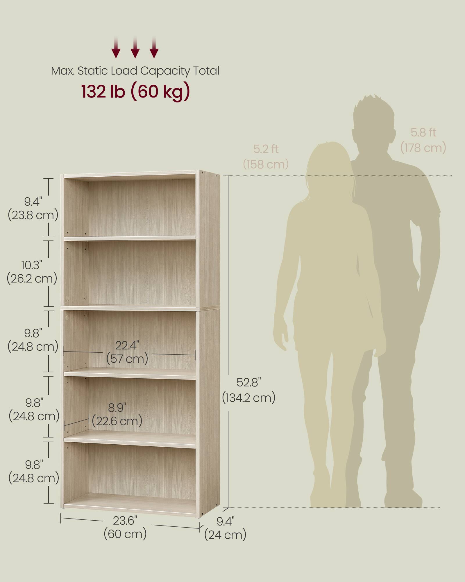 Max. Static Load Capacity Total  
132 lb (60 kg)

- 9.4" (23.8 cm)
- 10.3" (26.2 cm)
- 9.8" (24.8 cm)
- 9.8" (24.8 cm)
- 9.8" (24.8 cm)
- 22.4" (57 cm)
- 8.9" (22.6 cm)
- 52.8" (134.2 cm)
- 9.4" (24 cm)
- 23.6" (60 cm)
- 5.2 ft (158 cm)
- 5.8 ft (178 cm)