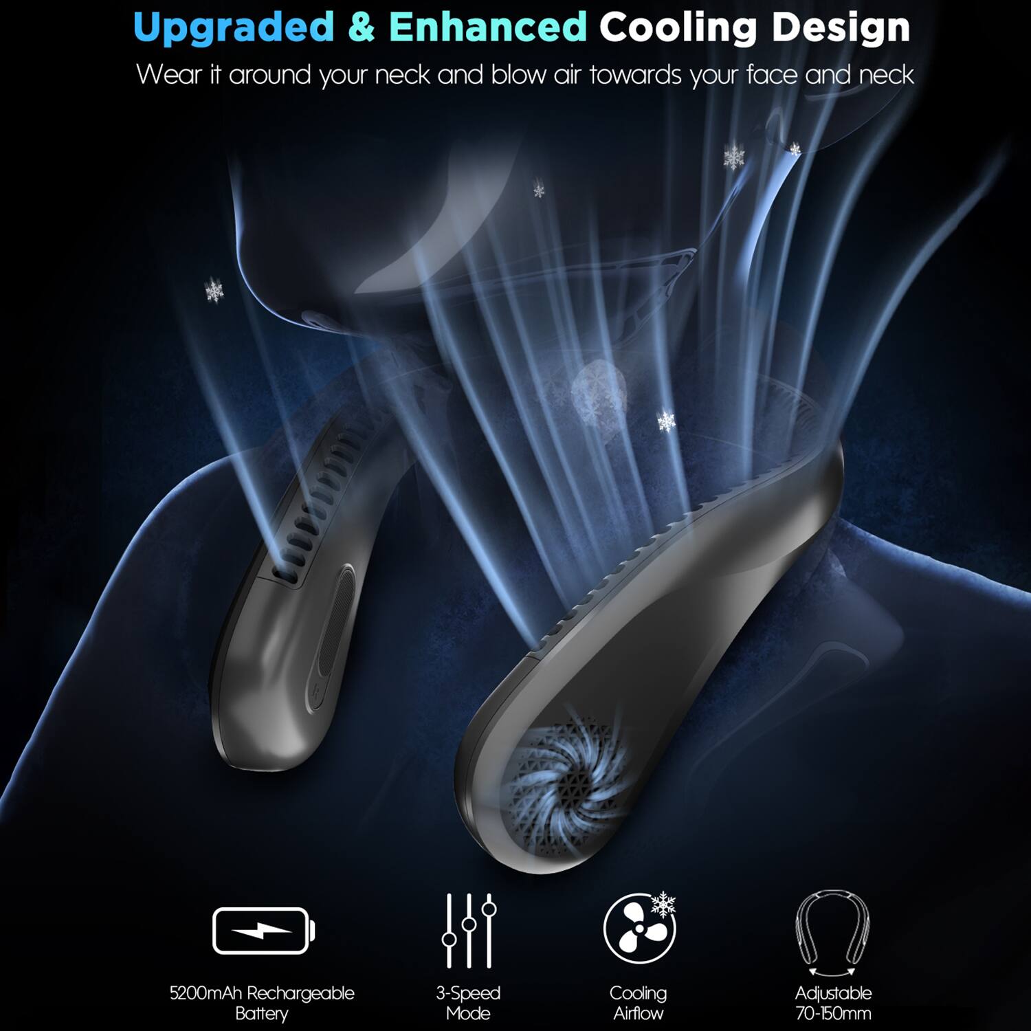 Upgraded & Enhanced Cooling Design  
Wear it around your neck and blow air towards your face and neck  

- 5200mAh Rechargeable Battery  
- 3-Speed Mode  
- Cooling Airflow  
- Adjustable 70-150mm