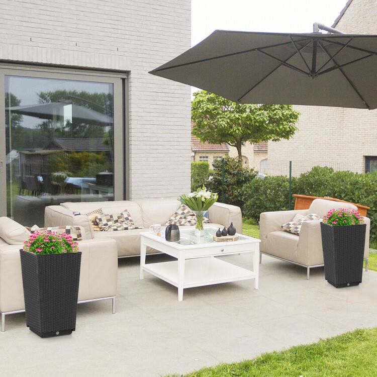 Left. Mondawe - 2 Pack Outdoor Wicker Planters with Self-Watering System and Drainage Holes for Patio - Black.