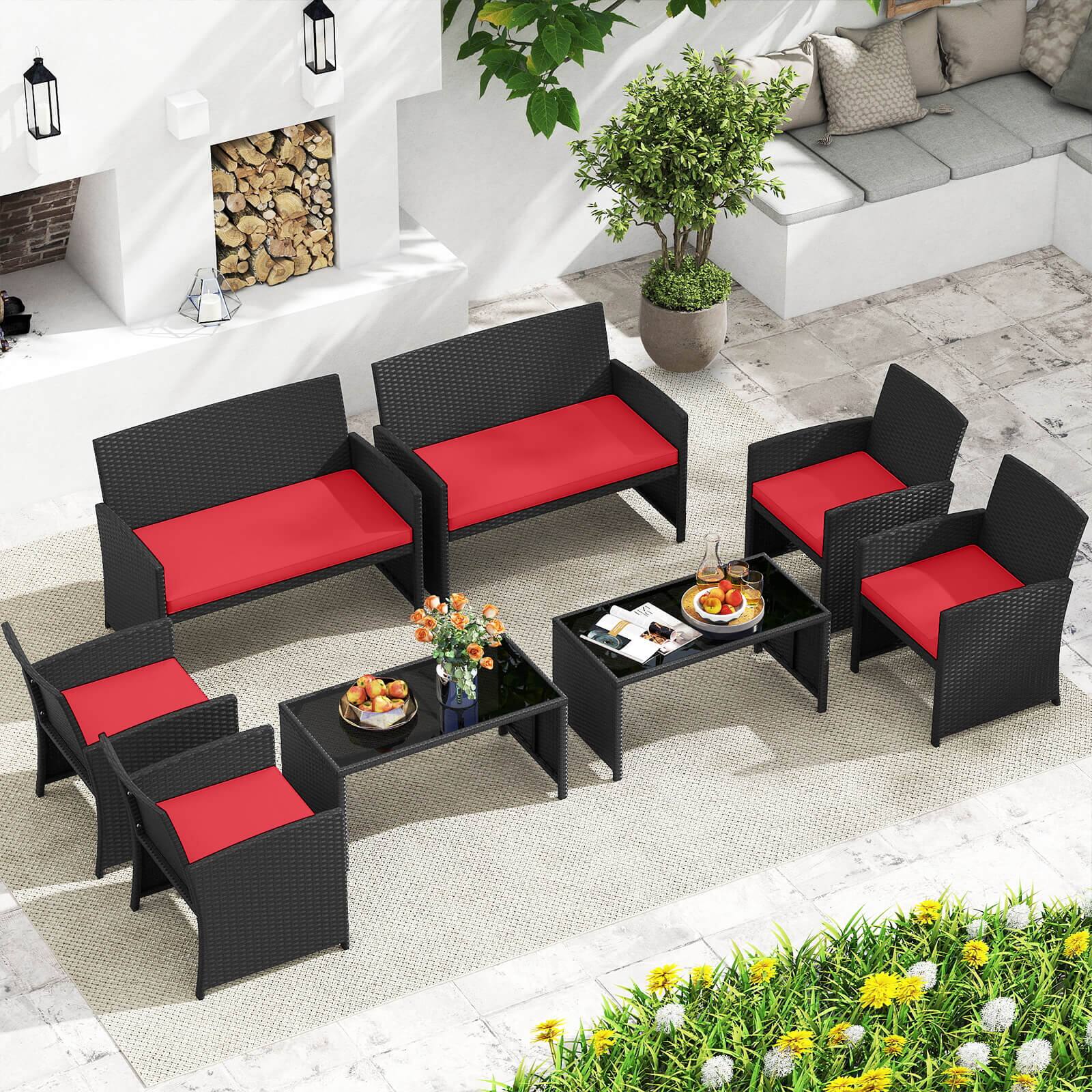 Alt View 1. Costway - Costway 8 PCS Patio Conversation Set with Seat Cushions & Tempered Glass Tabletop, Porch - Red+Black.