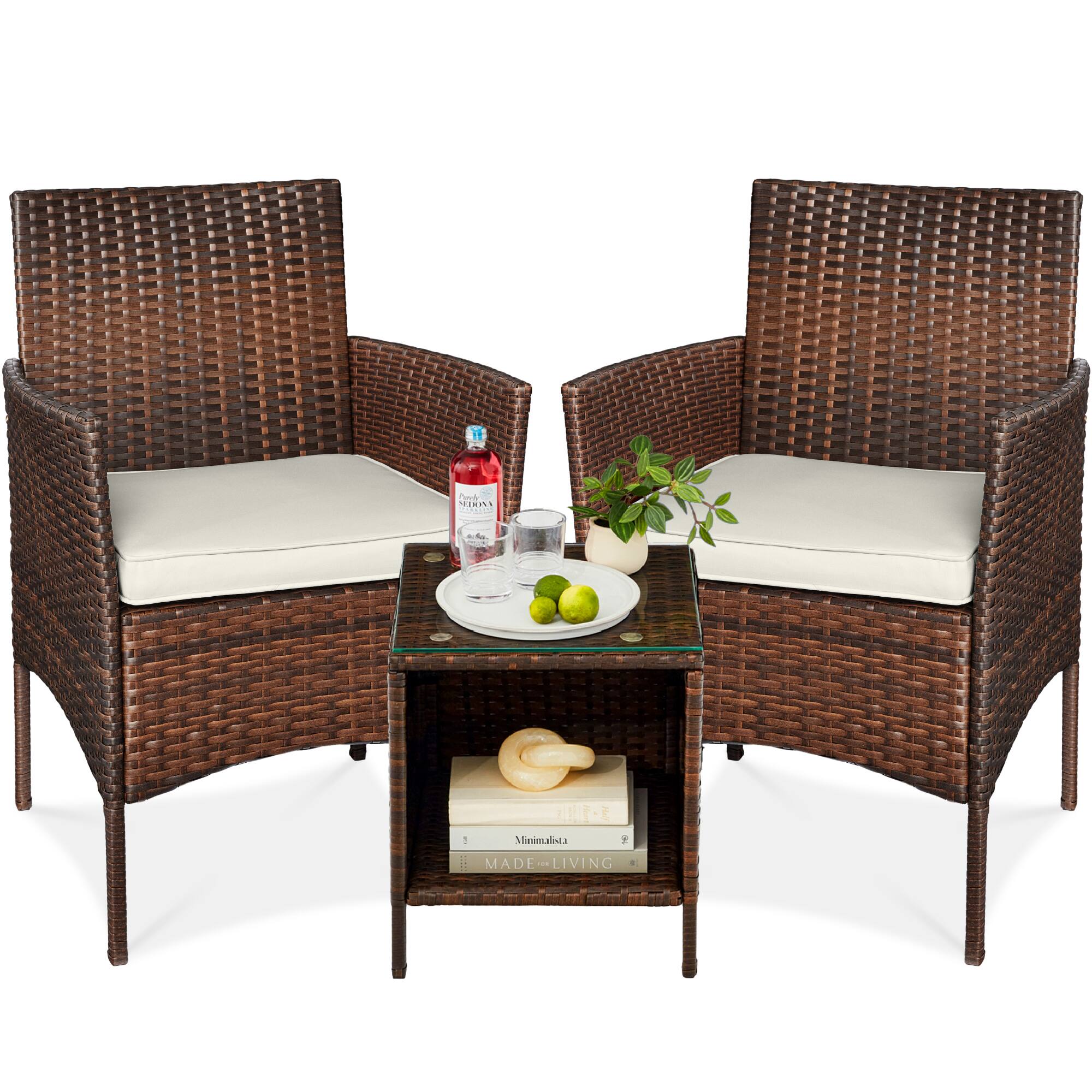 Best Choice Products - 3-Piece Outdoor Wicker Conversation Patio Bistro Set, w/ 2 Chairs, Table - Brown/White Sand