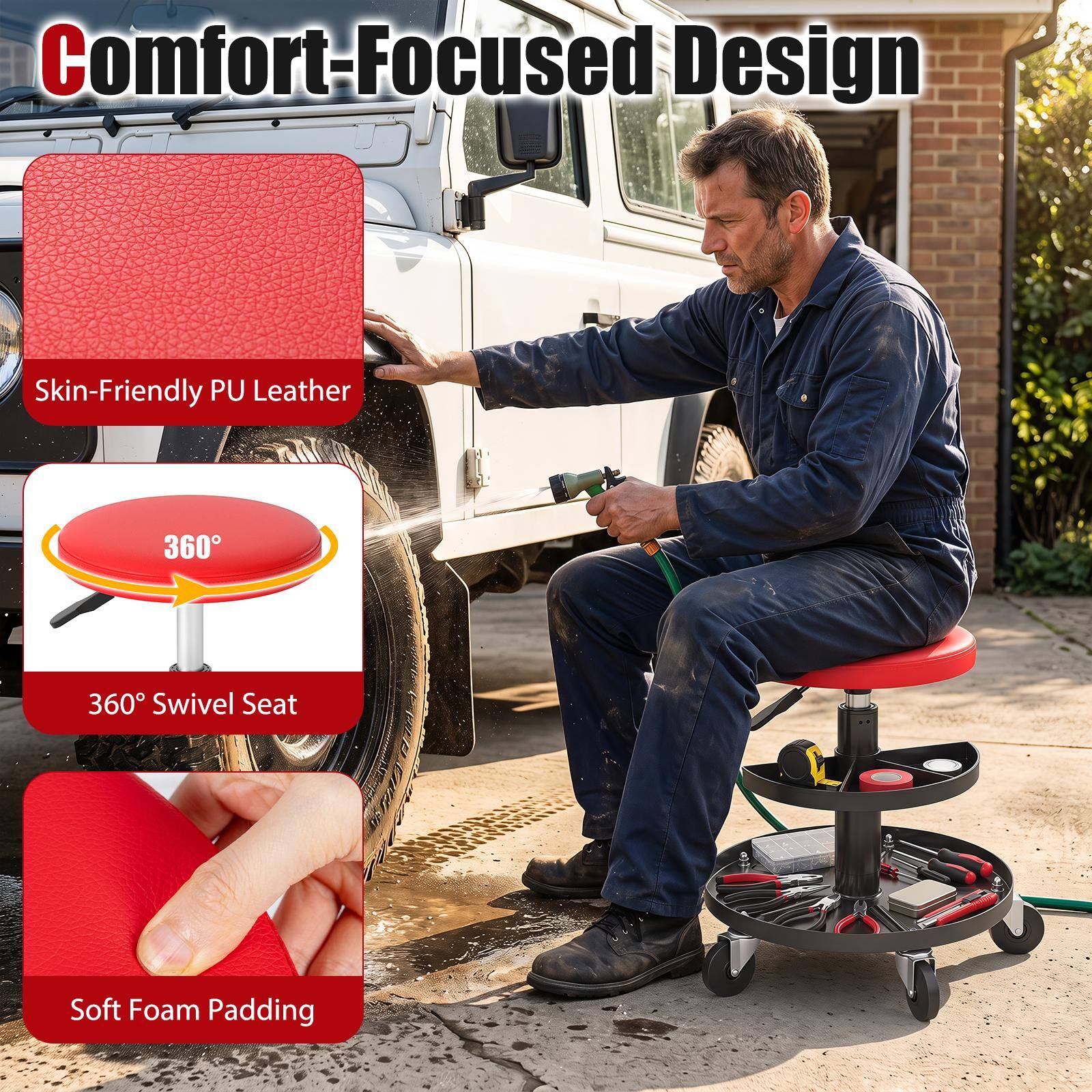 Comfort-Focused Design  
Skin-Friendly PU Leather  
360° Swivel Seat  
Soft Foam Padding