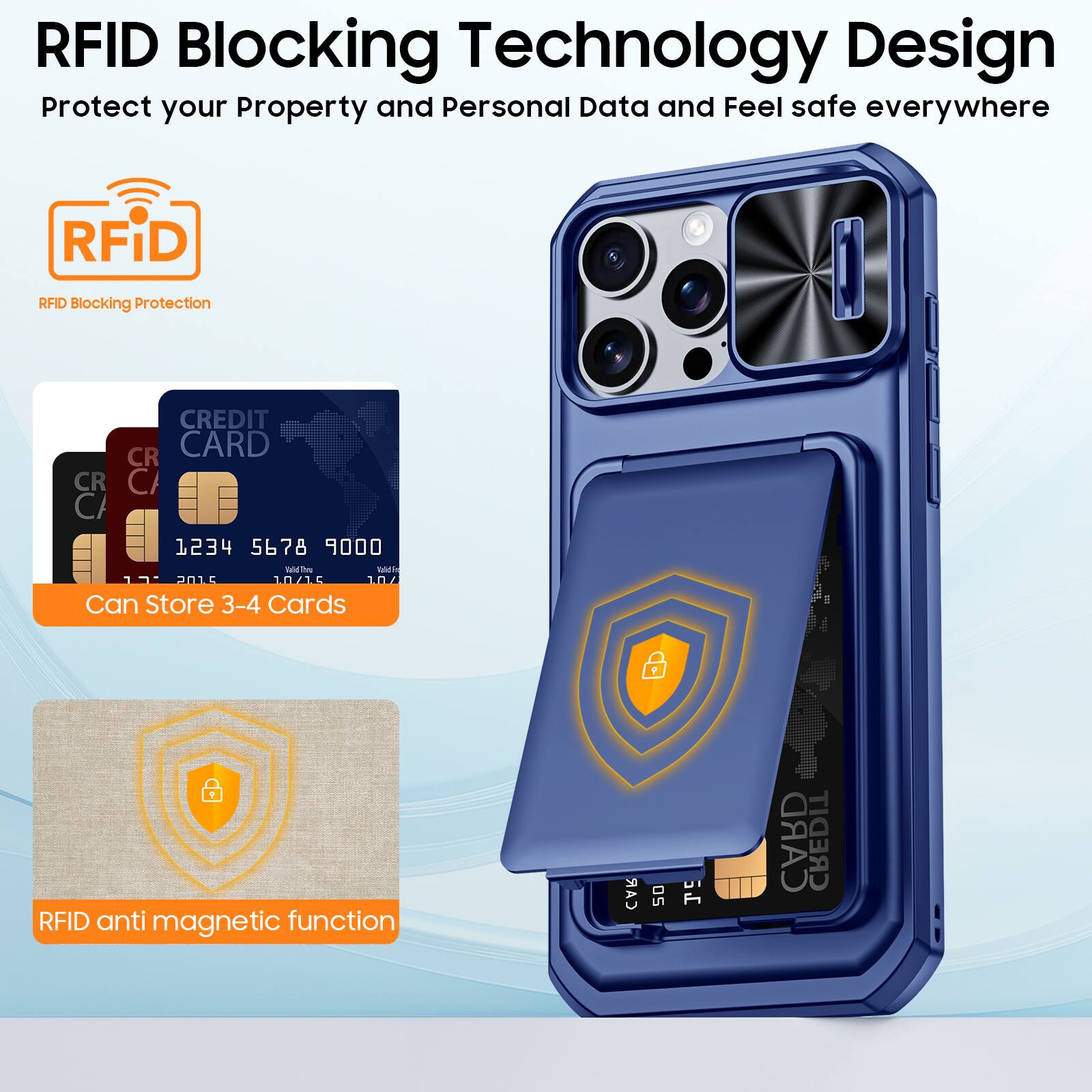 RFID Blocking Technology Design  
Protect your Property and Personal Data and Feel safe everywhere  

RFID Blocking Protection  

Can Store 3-4 Cards  

RFID anti magnetic function