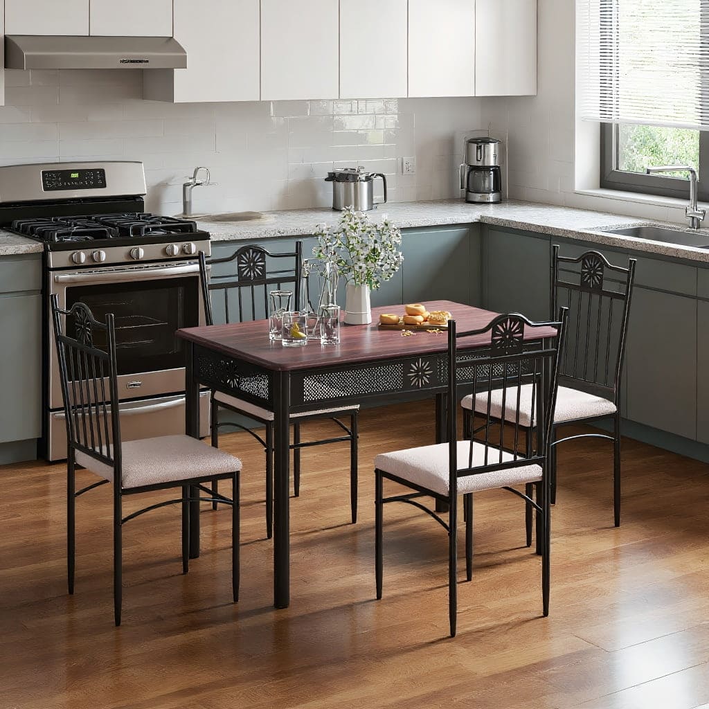 Kadyn - Dining Room Table SetDining Table Set5 Pcs Dining Set Wood Metal Table and 4 Chairs with Cushions - Beige