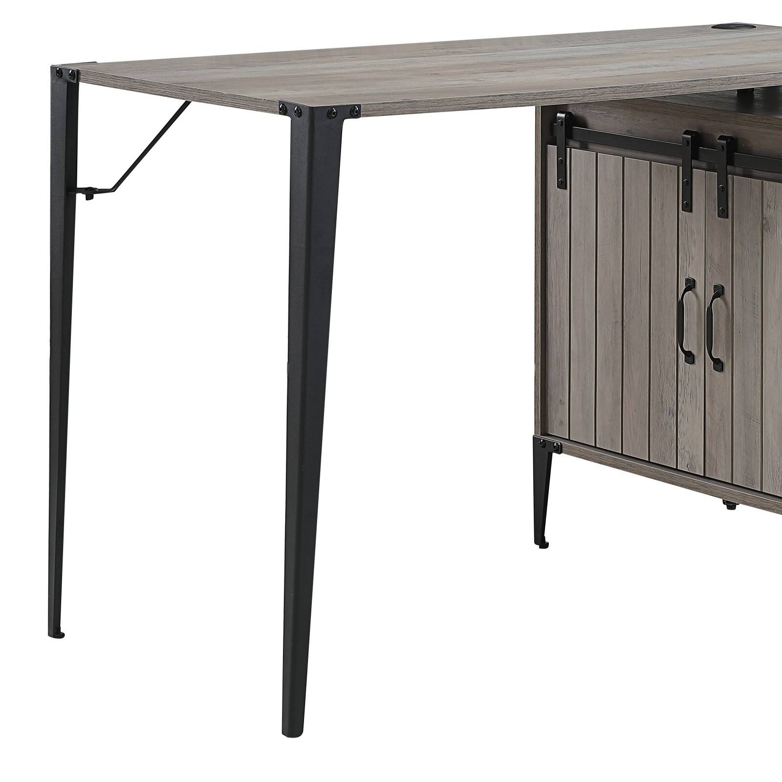 Alt View 3. Glintex - 48" Rustic L-Shaped Writing Desk, Sliding Barn Door Storage, Built-In Cord Management, Sturdy Black Metal Legs - Grey+Black.