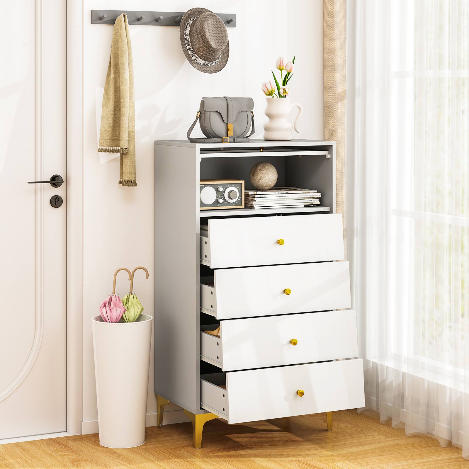 Alt View 1. Gymax - Gymax 4 Drawer Dresser 44.5'' Tall Dresser Chest of Drawers w/Flip-up Fluted Glass Door - Grey, White.