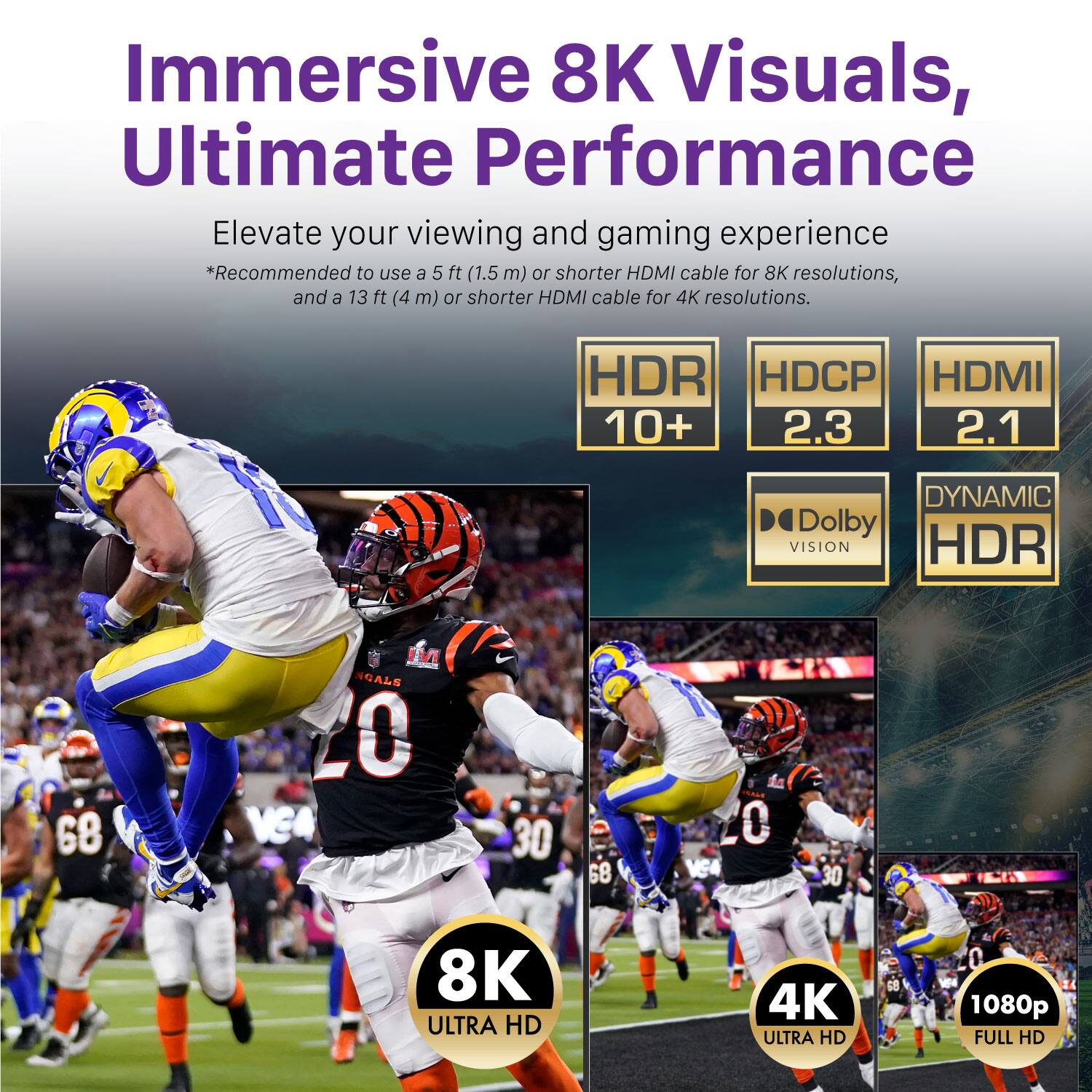 Immersive 8K Visuals, Ultimate Performance Elevate your viewing and gaming experience *Recommended to use a 5 ft (1.5 m) or shorter HDMI cable for 8K resolutions, and a 13 ft (4 m) or shorter HDMI cable for 4K resolutions. HDR 10+ HDCP 2.3 HDMI 2.1 Dolby VISION DYNAMIC HDR 8K ULTRA HD 4K ULTRA HD 1080p FULL HD