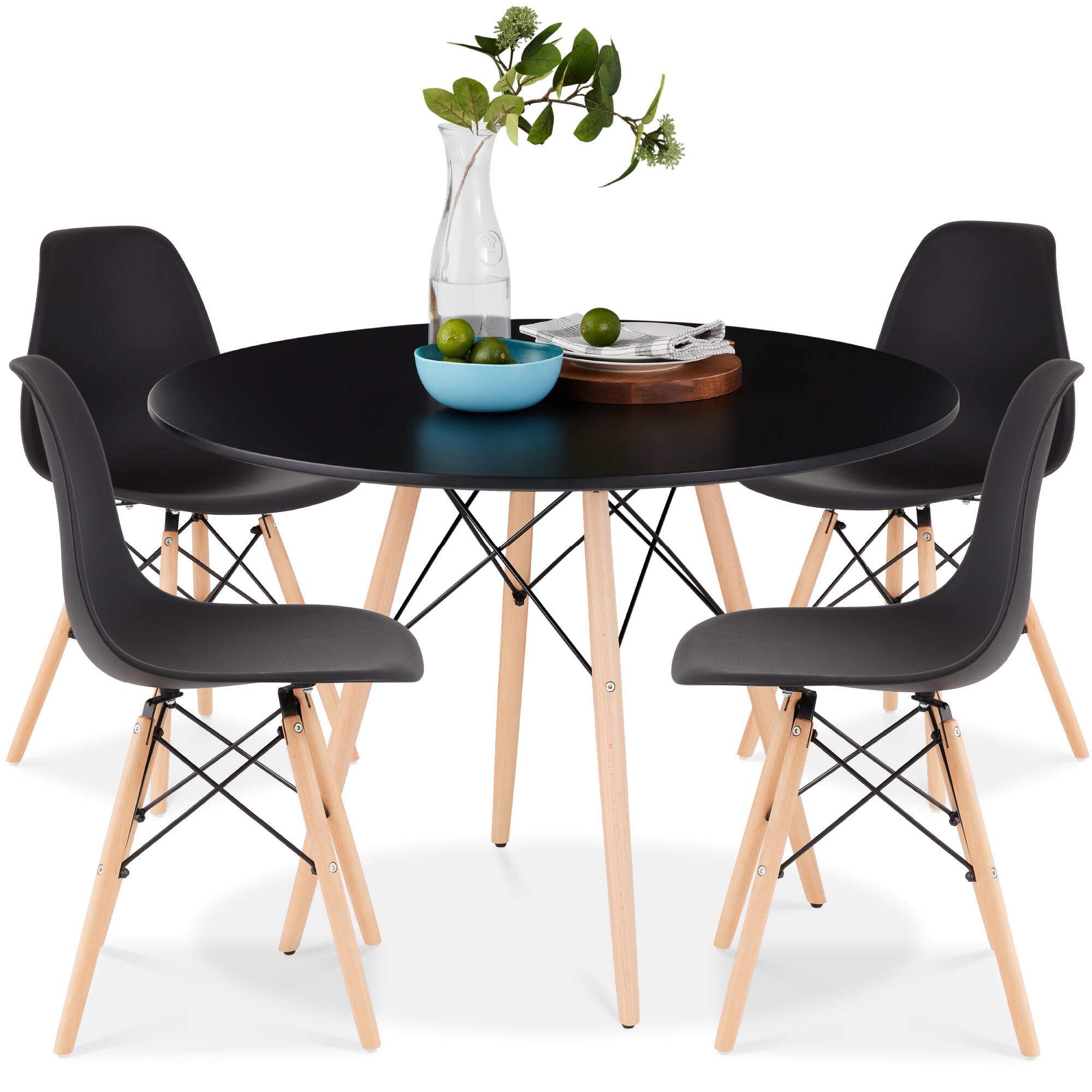 Best Choice Products - 5-Piece Compact Mid-Century Modern Dining Set w/ 4 Chairs, Wooden Legs - Black/Oak
