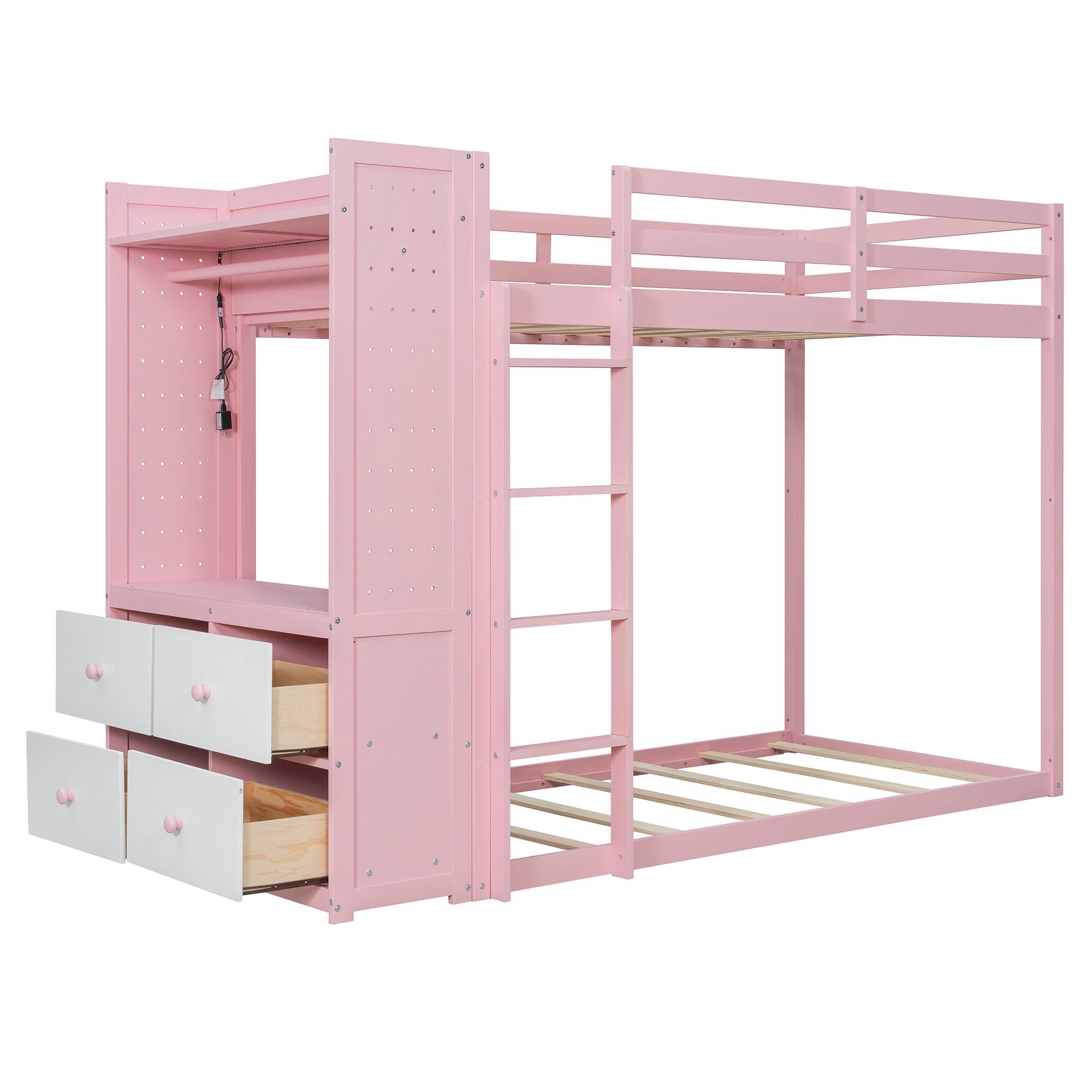 Alt View 2. Anysun - Twin Size Bunk Bed with 4 Storage Drawers, Hanging Rail, Light Strip and Built-in Shelves & Dual Pegboards - Pink.