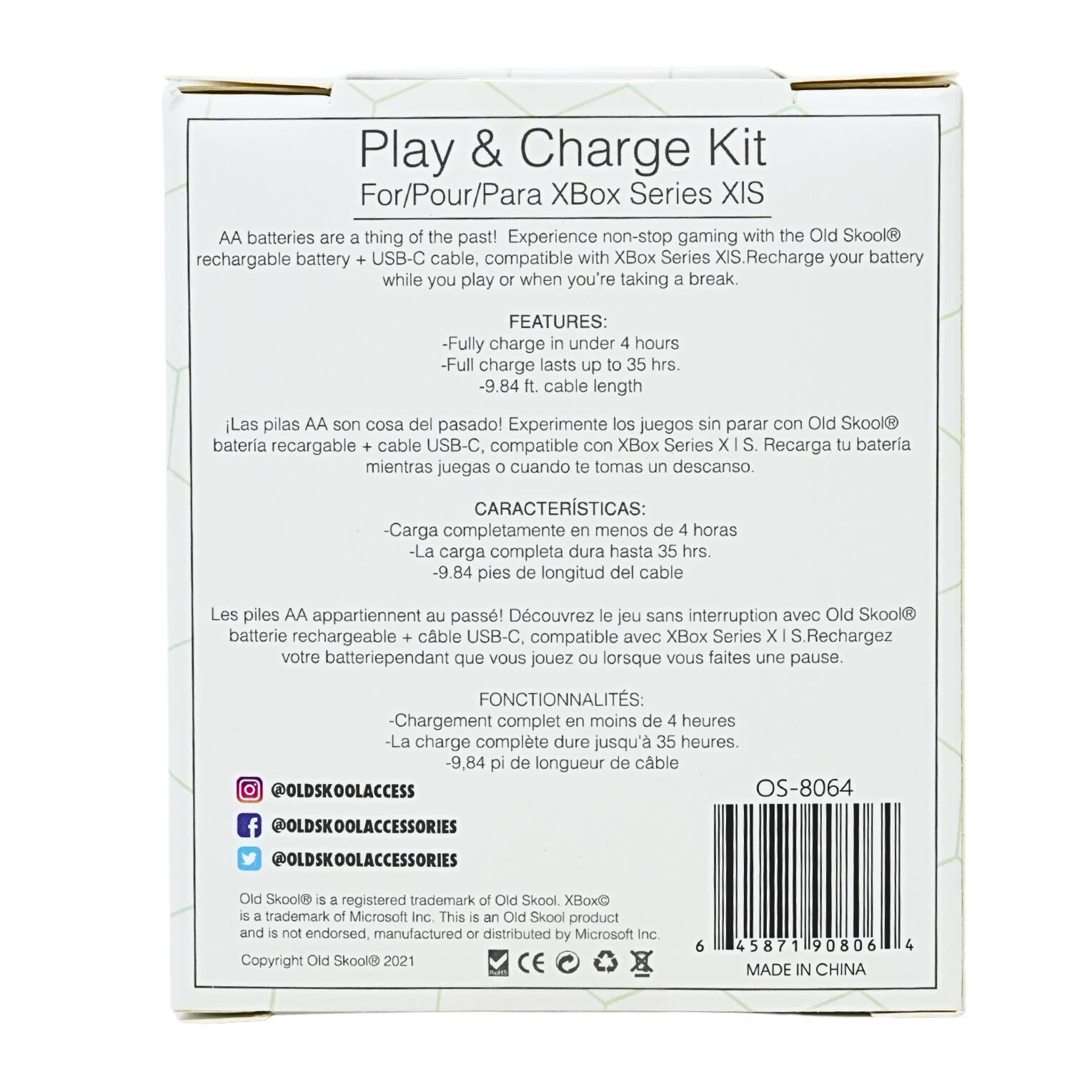 Play & Charge Kit For/Pour/Para Xbox Series XIS

AA batteries are a thing of the past! Experience non-stop gaming with the Old Skool® rechargeable battery + USB-C cable, compatible with Xbox Series XIS. Recharge your battery while you play or when you're taking a break.

FEATURES:
- Fully charge in under 4 hours
- Full charge lasts up to 35 hrs.
- 9.84 ft. cable length

¡Las pilas AA son cosa del pasado! Experimente los juegos sin parar con Old Skool® batería recargable + cable USB-C, compatible con Xbox Series XIS. Recargue su batería mientras juega o cuando se toma un descanso.

CARACTERÍSTICAS:
- Carga completa en menos de 4 horas
- La carga completa dura hasta 35 hrs.
- 9.84 pies de longitud de cable

Les piles AA appartiennent au passé! Découvrez le jeu sans interruption avec Old Skool® batterie rechargeable + câble USB-C, compatible avec Xbox Series XIS. Rechargez votre batterie pendant que vous jouez ou lorsque vous faites une pause